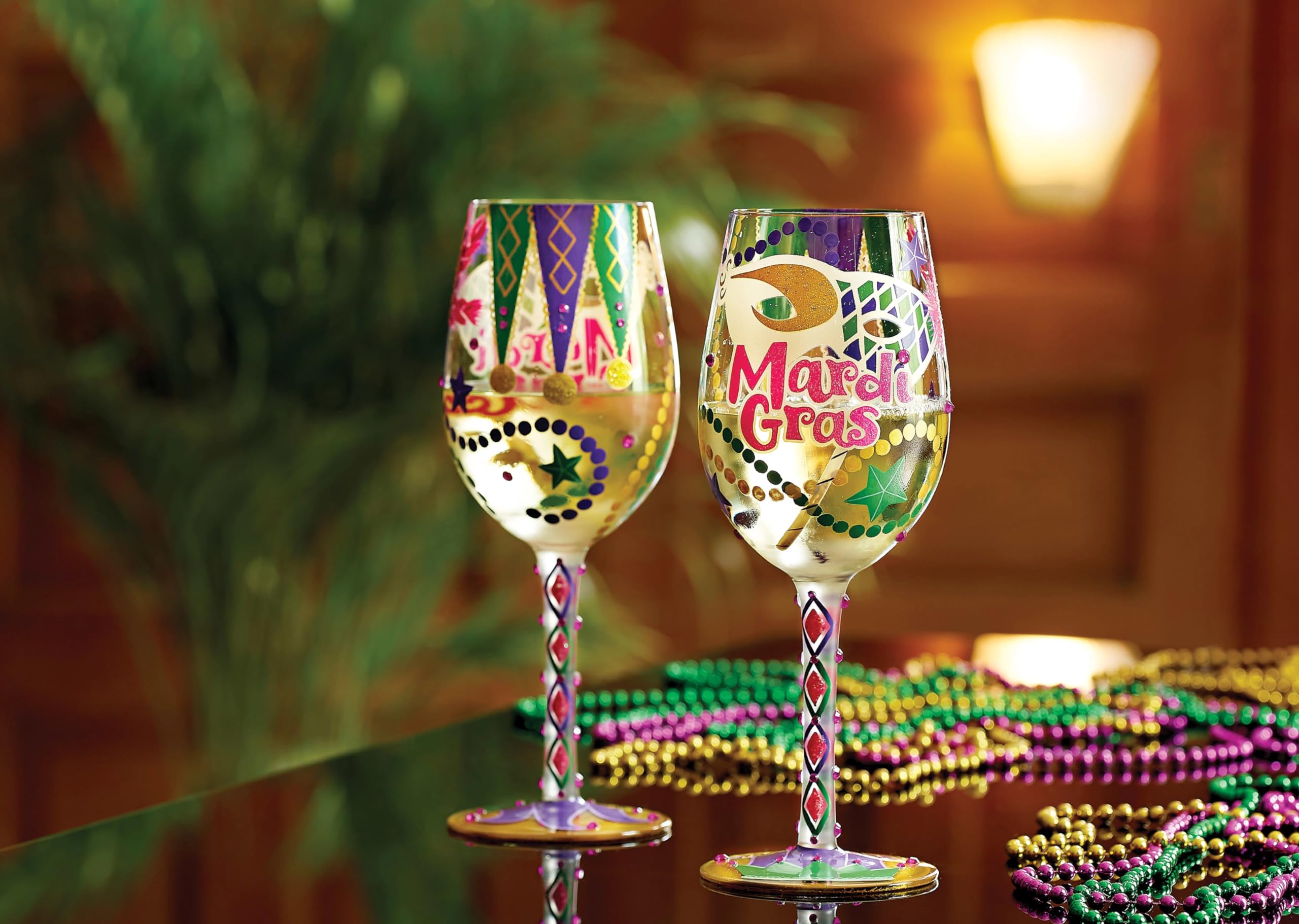 Enesco Designs by Lolita Mardi Gras Hand-Painted Artisan Wine Glass, 15 Ounce, Multicolor