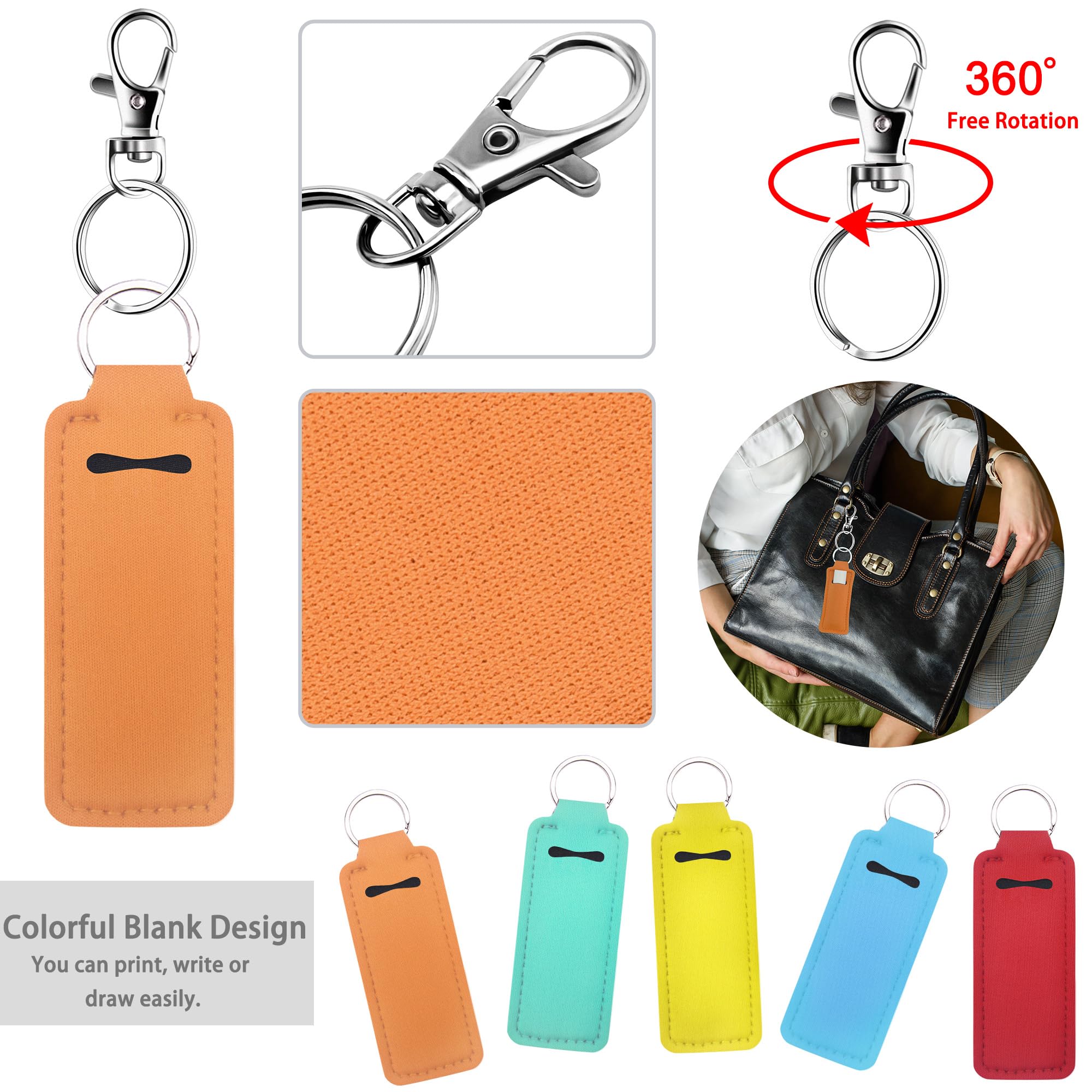 Duufin 24 Pieces Chapstick Keychain Holder Lip Balm Holder Keychains Neoprene Lipstick Holder with 24 Pieces Metal Clip Cords for Purse Backpack