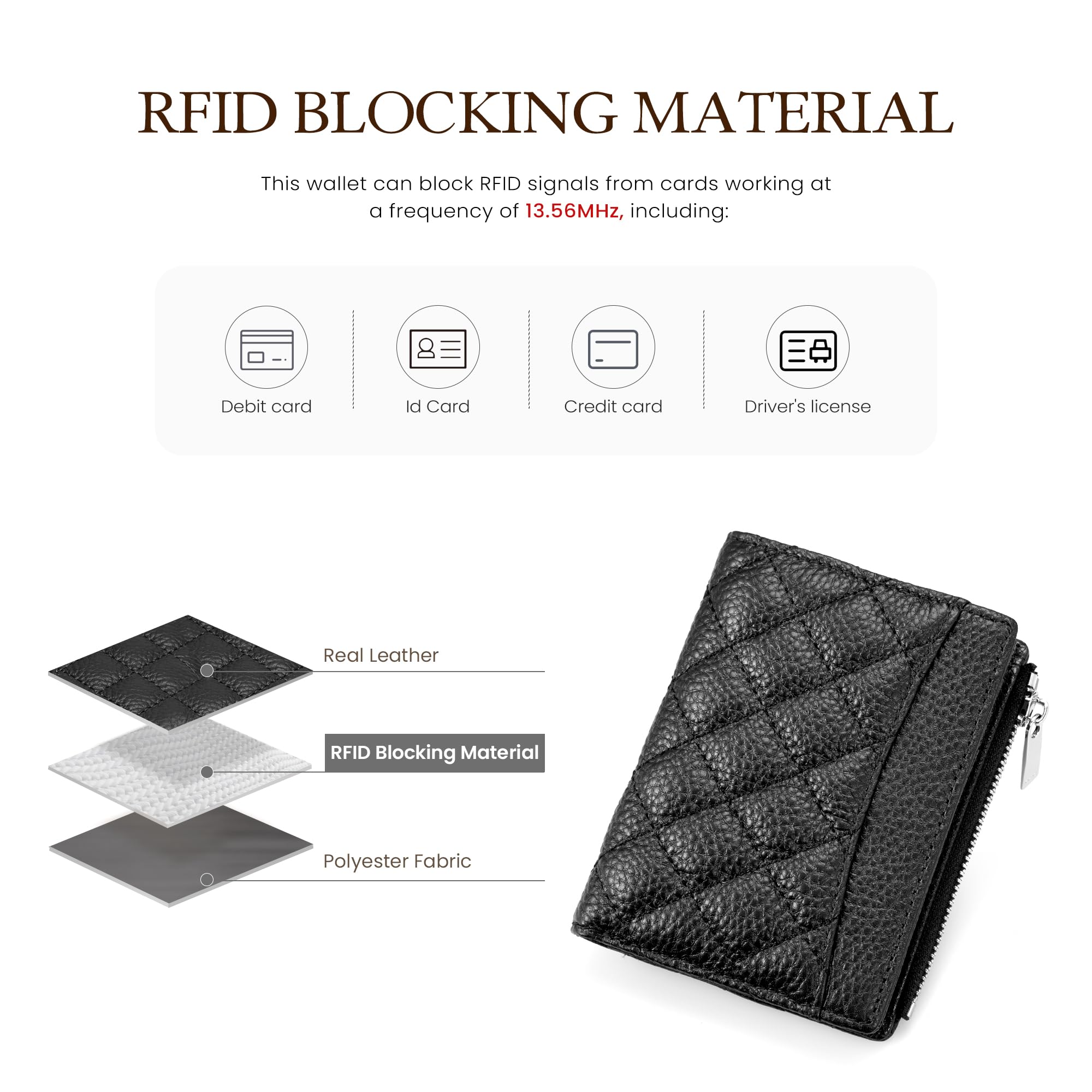 befen Genuine Leather RFID Wallet Women, Small Slim Keychain Wallets with Card Slots, Zipper Coin Holder - Black