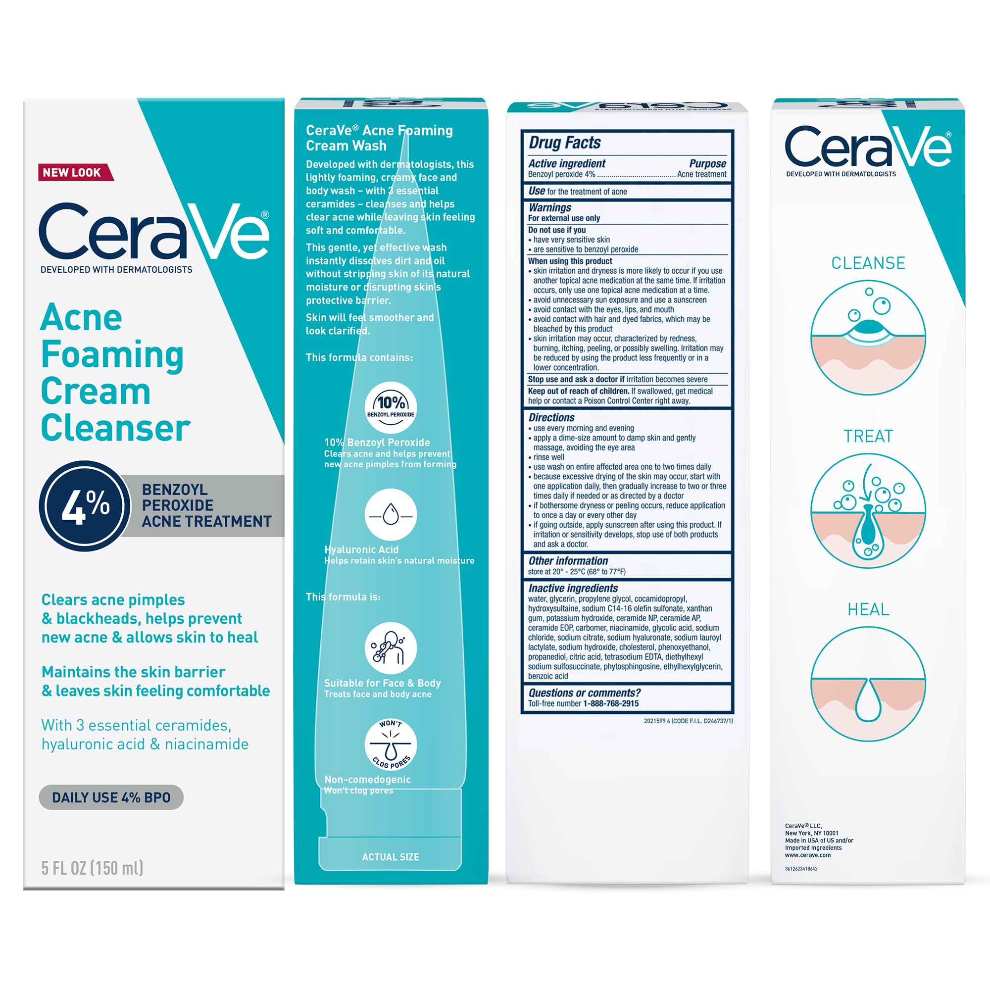 CeraVe Acne Foaming Cream Cleanser | Acne Treatment Face Wash with 4% Benzoyl Peroxide, Hyaluronic Acid, and Niacinamide | Cream to Foam Formula | Fragrance Free & Non Comedogenic | 5 Oz