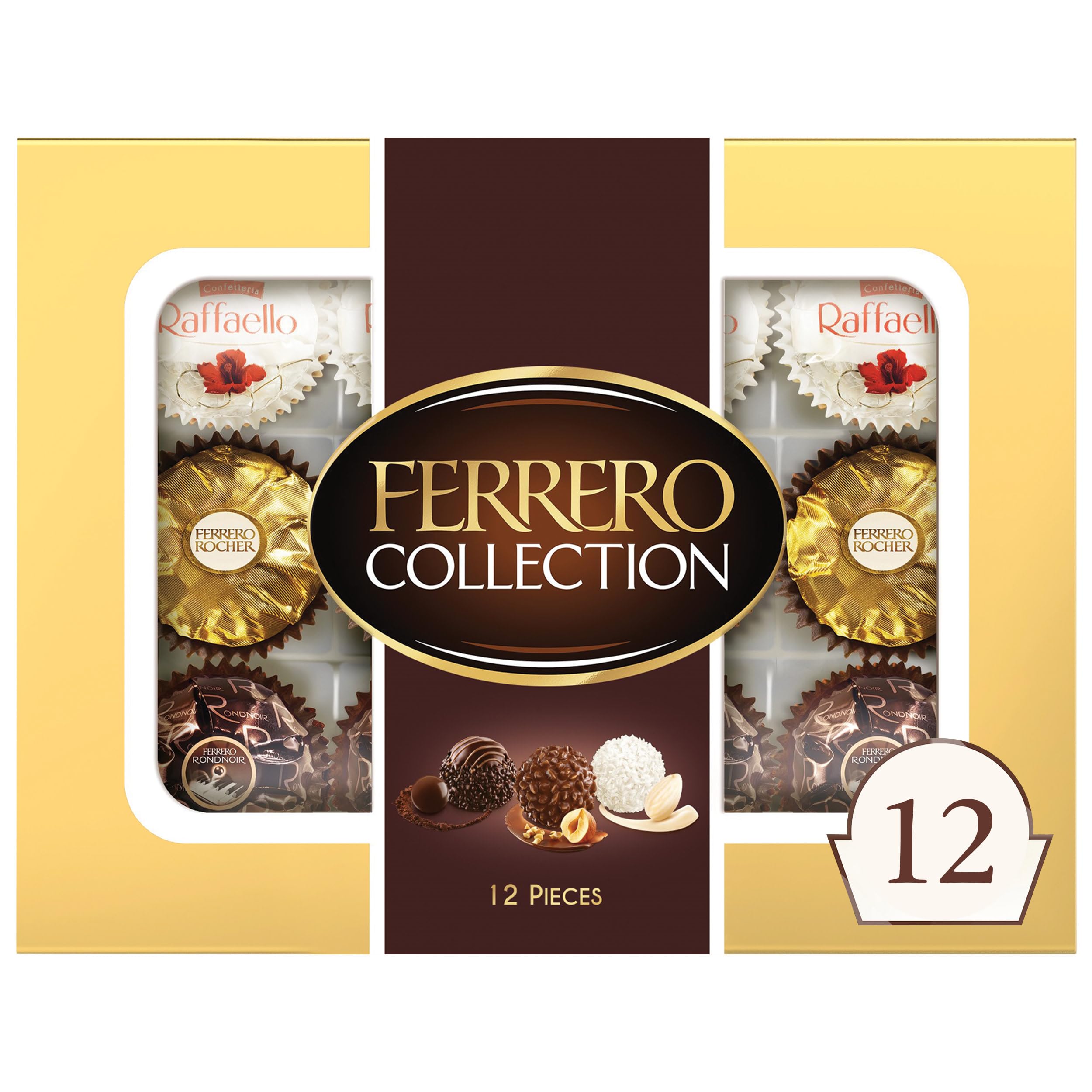 Ferrero Rocher, 12 Count, Premium Gourmet Assorted Hazelnut Milk Chocolate, Dark Chocolate and Coconut Chocolates, Chocolate Gift Box, 4.6 oz