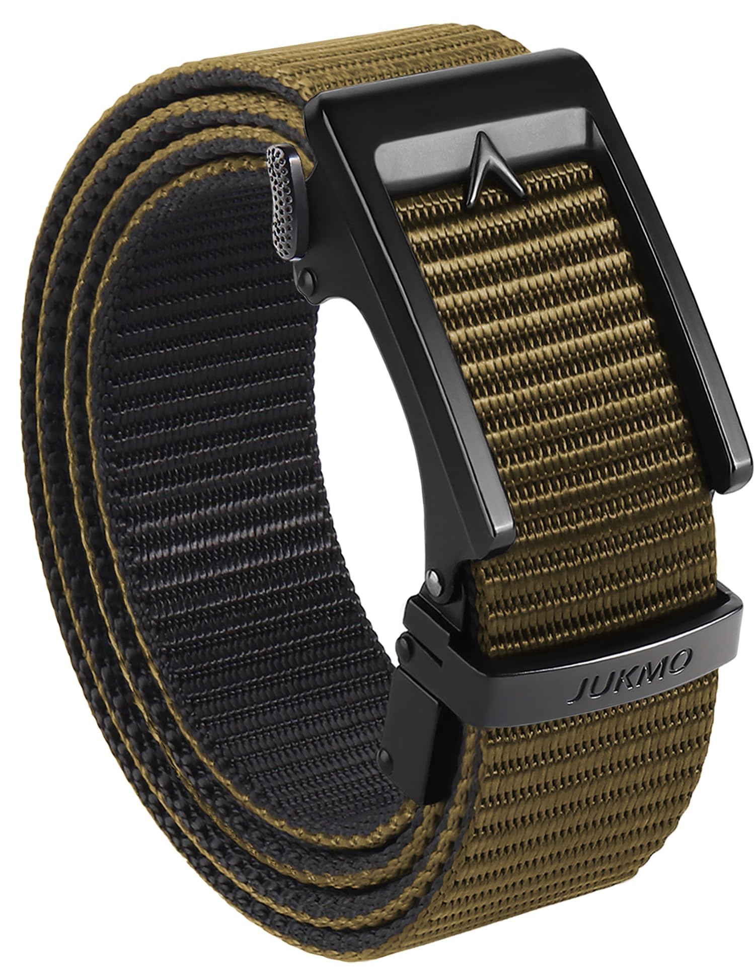 JUKMO Men's Nylon Web Ratchet Belt, Casual Reversible Tactical Belt No Holes for Jeans Pants, Adjustable Trim to Fit (Coyote/Black,Medium)