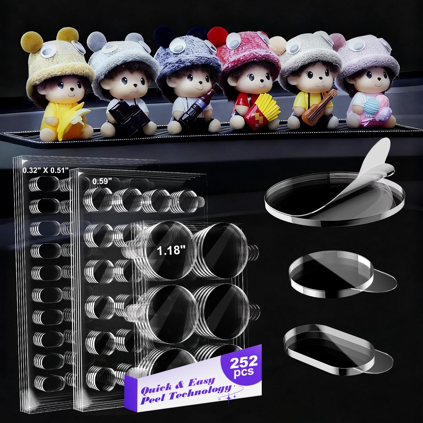 PHIXBEAR 252pcs Car Easy-Pull Sticky Putty Clear Double Sided Removable, No Residue Glue Adhesive Double Sided Tape for Car, Walls, Holiday Decor, Balloons, Posters, Crafts & Classroom Decor, 3 Sizes