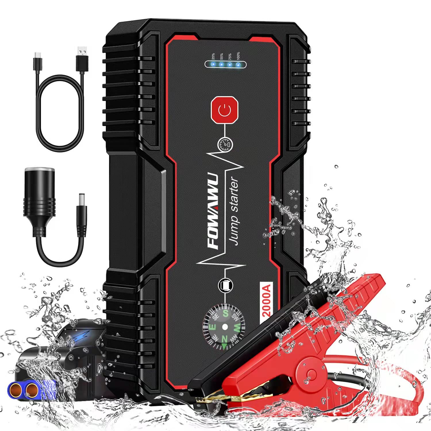 FOWAWU Car Jump Starter 2000A Peak 20800mAh Portable Jump(Up to 7.5L Gas and 6.0L Diesel), Battery Car Jump Battery Booster Pack with Smart Safety Jumper Cable, LED Light USB DC 12V Output