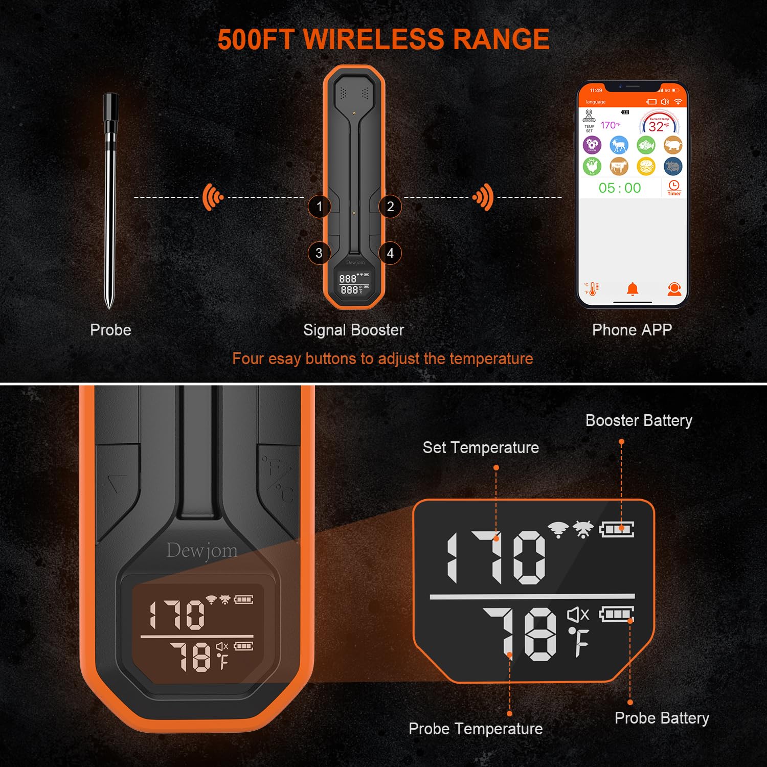 Dewjom Wireless Meat Thermometer – Digital Cooking Thermometer with Wireless Probe – 500Ft Remote Range Food Thermometer – with iOS & Android Read App -Preprogrammed Temperatures for BBQ, Oven, Grill