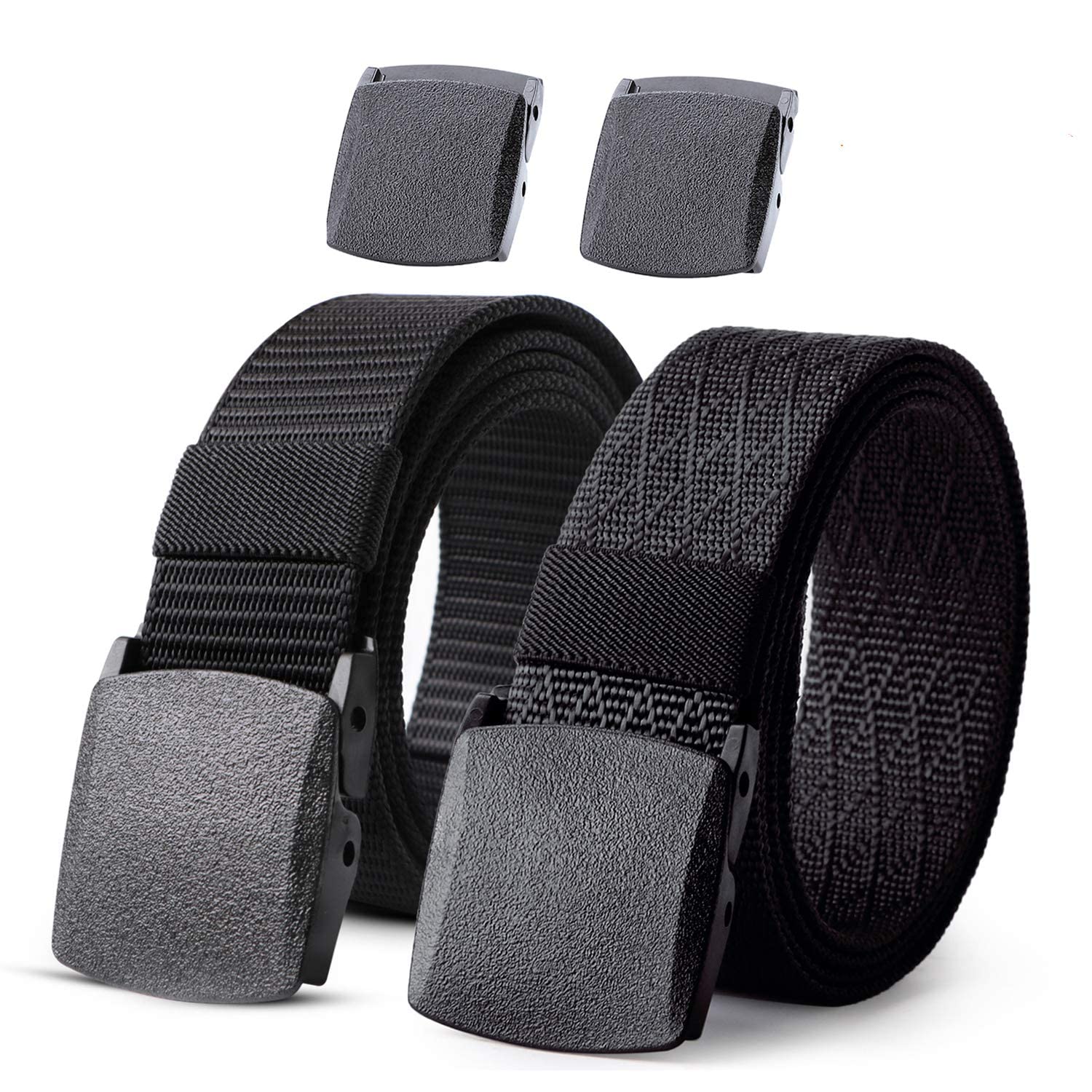 JASGOOD Nylon Military Tactical Men Belt 2 Pack Webbing Canvas Outdoor Web Belt with Plastic Buckle, C-Black+Black, Fits Pant up to 45 Inch