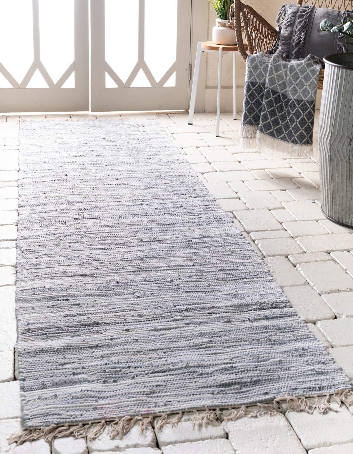 Unique Loom Chindi Cotton Collection Soft Hand Woven Natural Fiber Striped Area Rug, 2 ft 2 in x 6 ft 7 in, Gray/Ivory