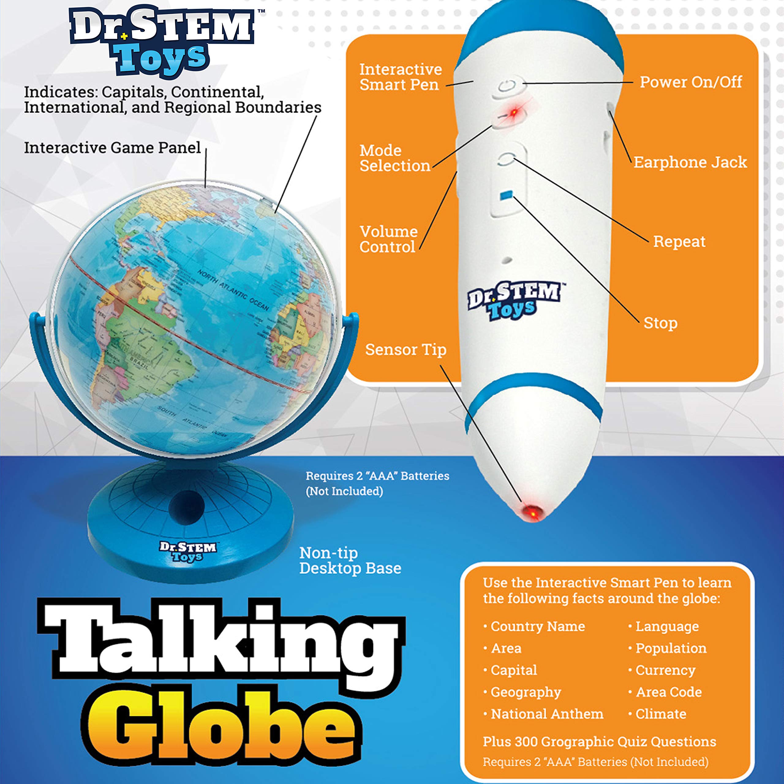 Dr. STEM Toys Talking World Globe with Interactive Stylus Pen and Stand, Colorful Map for Early Learning and Teaching - Includes Trivia, Q&A, and Music - 9 Inches in Height, Ages 6+