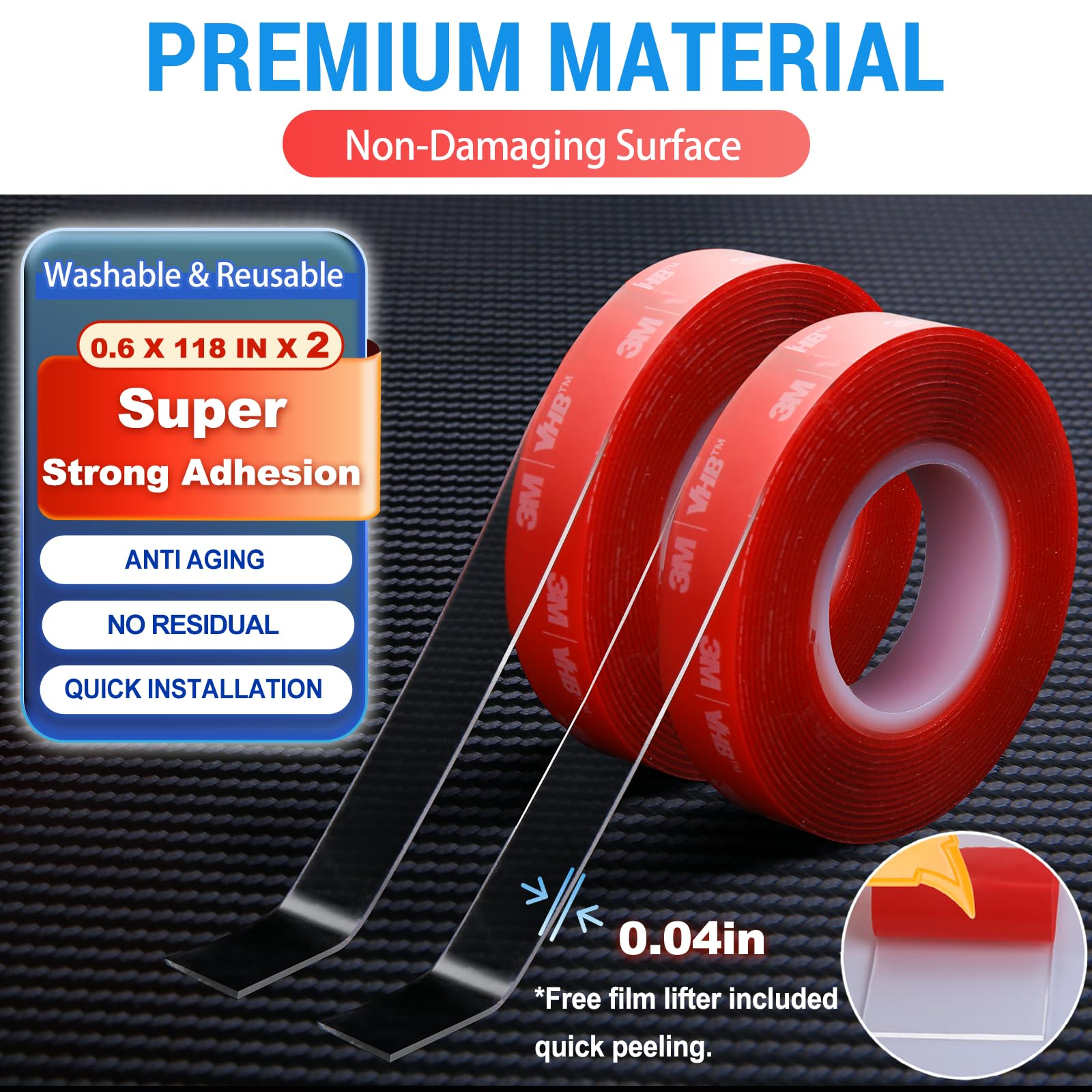 PHIXBEAR 2 Rolls Heavy Duty Clear Double Sided Tape, Made of 3M VHB, Wall-Safe Removable & No Residue, 10FT x 0.6IN, for Home Decoration/Car Use/DIY/Hanging Pictures/Securing Carpets & Cables