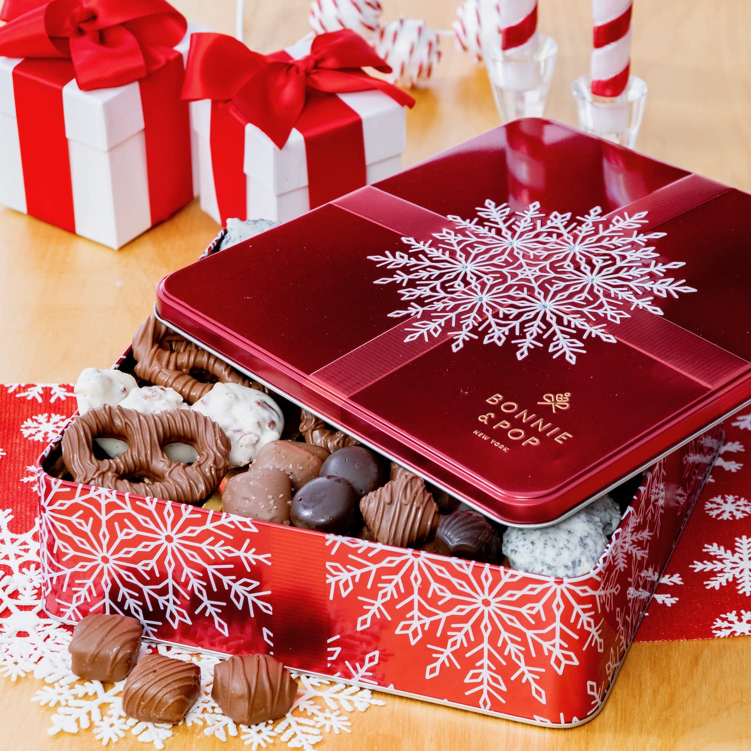 Holiday Chocolate Gift Basket with 2 lbs+ Chocolates, Pretzels, Peppermint Patties, Caramels - From Bonnie and Pop