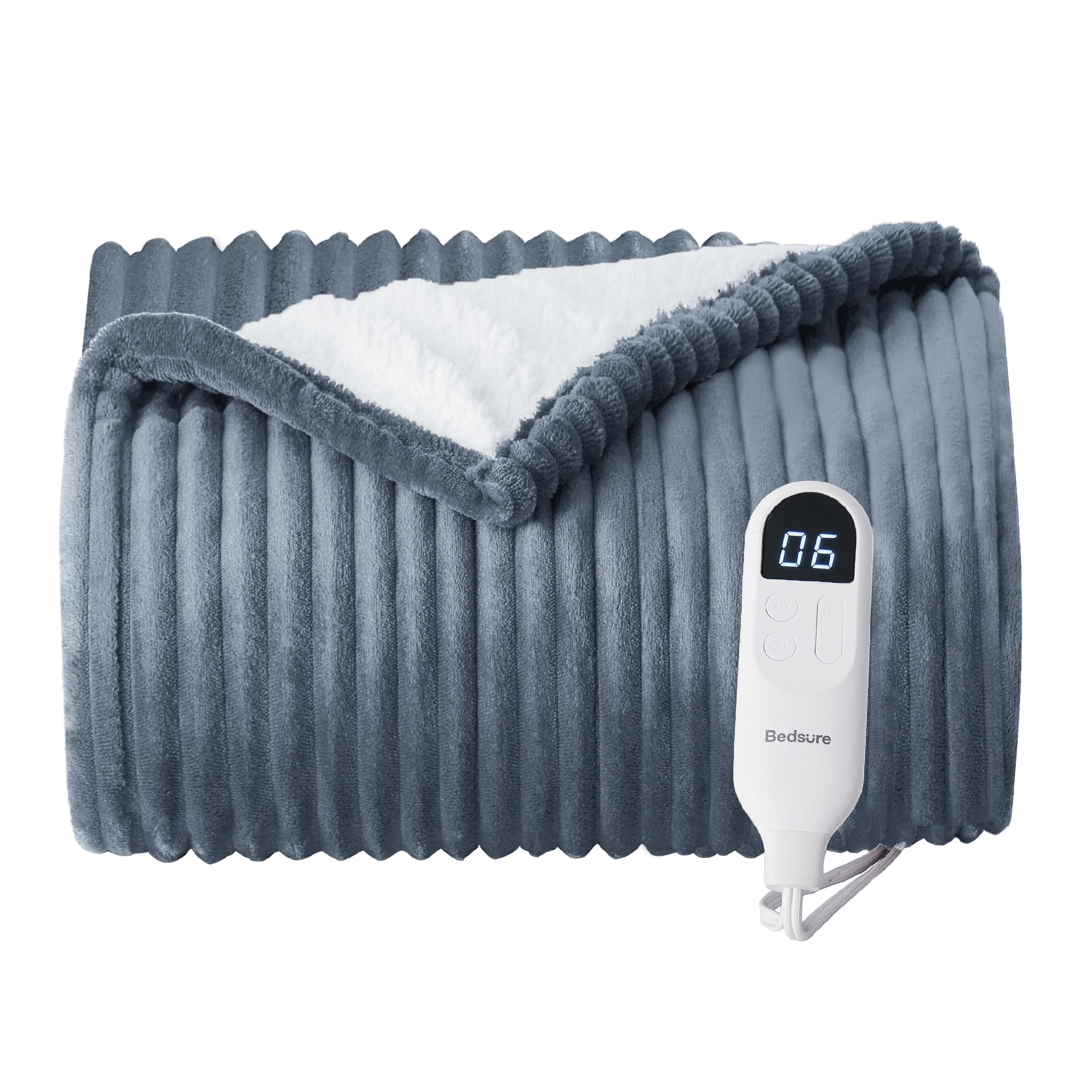 Bedsure Heated Blanket Electric Throw - Soft Ribbed Flannel Electric Blanket, Heating Blanket with 4 Time Settings, 6 Heat Settings & 3 hrs Timer Auto Shut Off, Gift for Grandma (50x60 inches, Grey)
