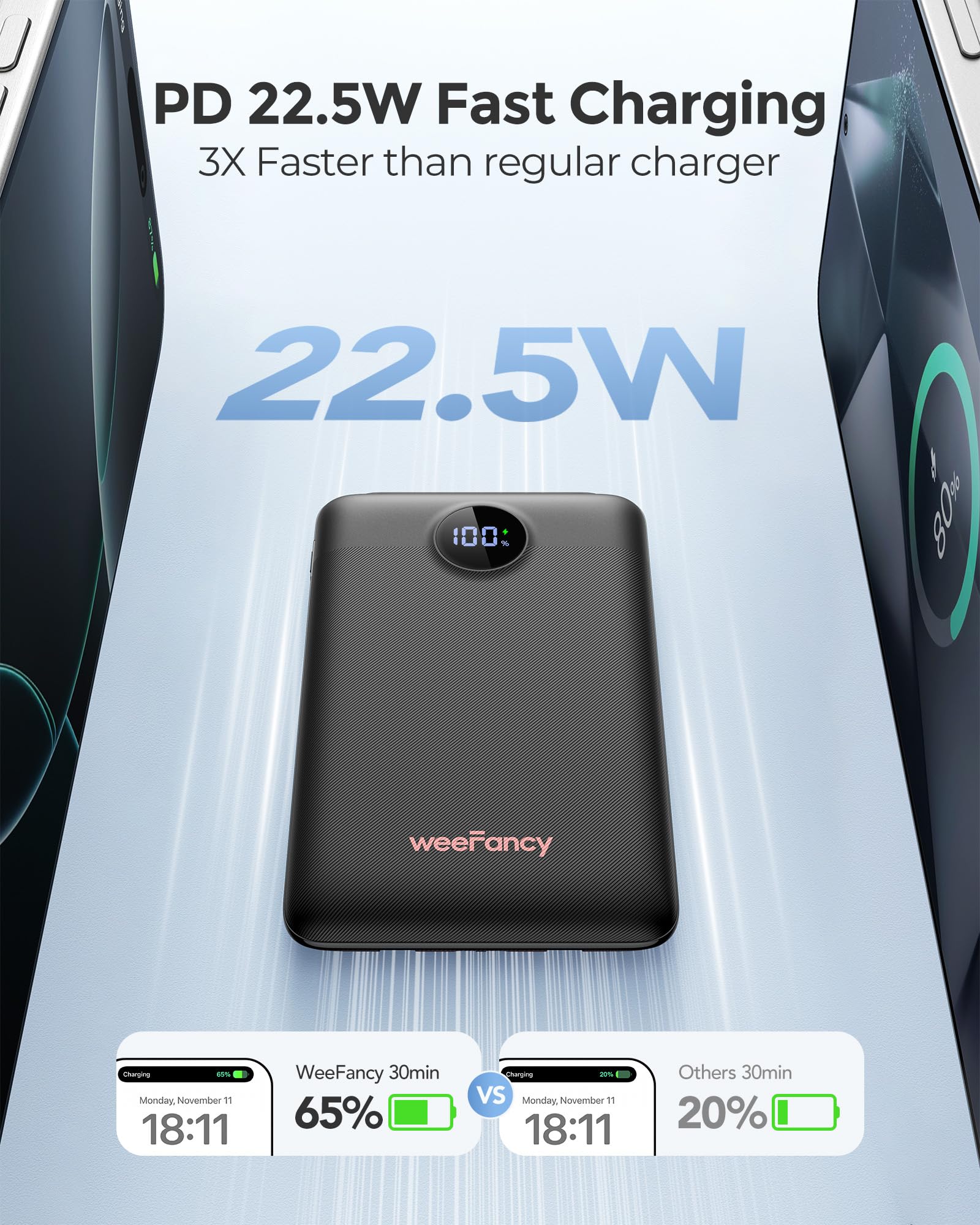 WeeFancy Mini Portable Charger with Built-in Cables 10000mAh 22.5W Fast Charging Power Bank USB-C Small Battery Pack Travel Essential Slim Battery Bank for iPhone, Samsung, Android, and More