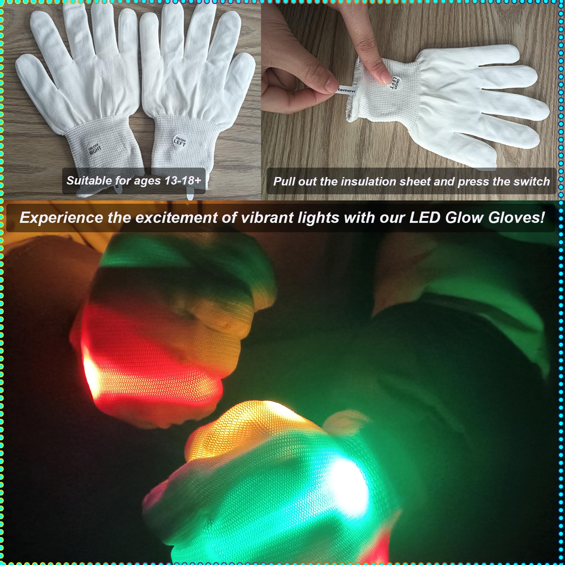 VICAITOYS Rave Gloves LED Gloves Toys for Family Halloween Costumes, Light Up Gloves Toys for Ages 14 and Up, Rave Toys, Rainbow Friends Toys, Cool Toys for Men and Women Aged 13-18 and Above