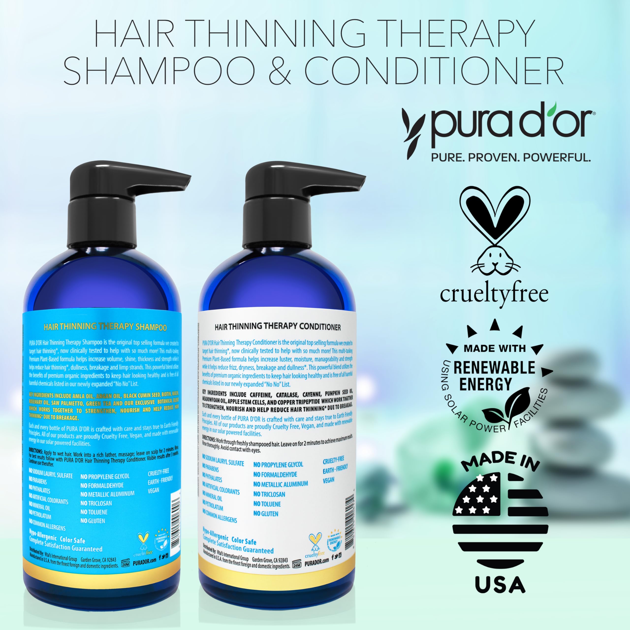 PURA D'OR Hair Thinning Therapy Biotin Shampoo and Conditioner Set, CLINICALLY TESTED Effective Results, DHT Blocker Hair Thickening Products For Women & Men, Natural Routine, Color Safe, 16oz x2