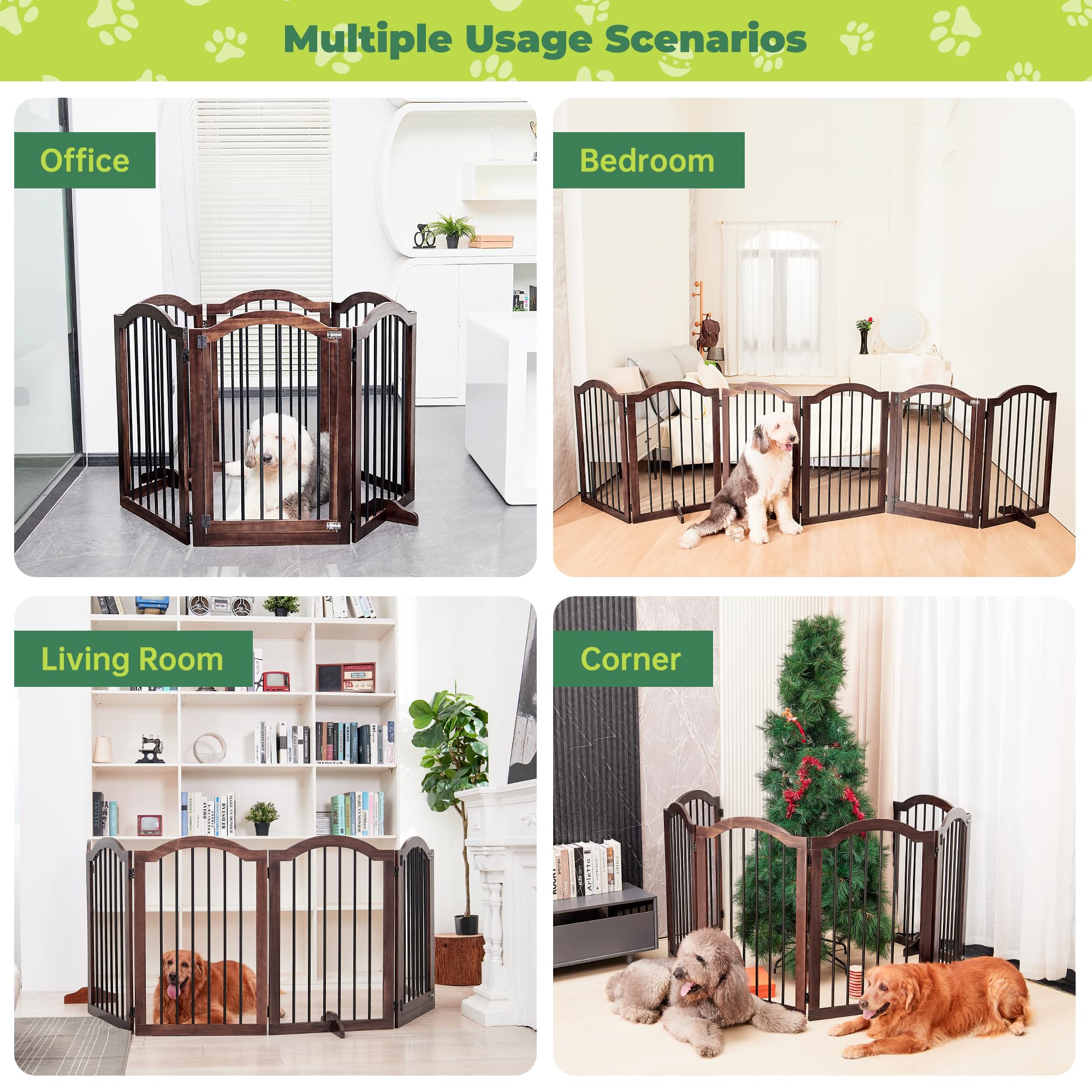 PrimeZone 120" Extra Wide Dog Gate - 6-Panel 30" Tall Solid Acacia Wooden Freestanding Puppy Gates with Door, Foldable Indoor Pet Fence for Doorways, Stairs, Support Feet Included, Brown