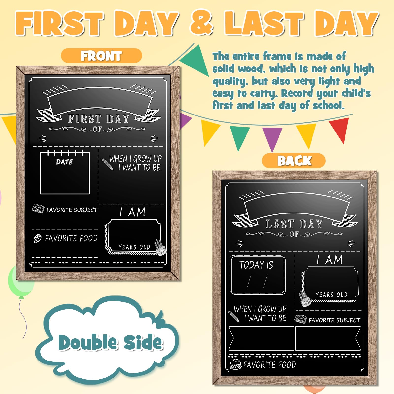 EAONE First Day of School Board 12" x 16", Double-Side Printed First Day of School Sign, Wood Frame Back to School Board Sign Chalkboard with 8 Chalk Markers & 1 Wipe Cloth for All Grades Student