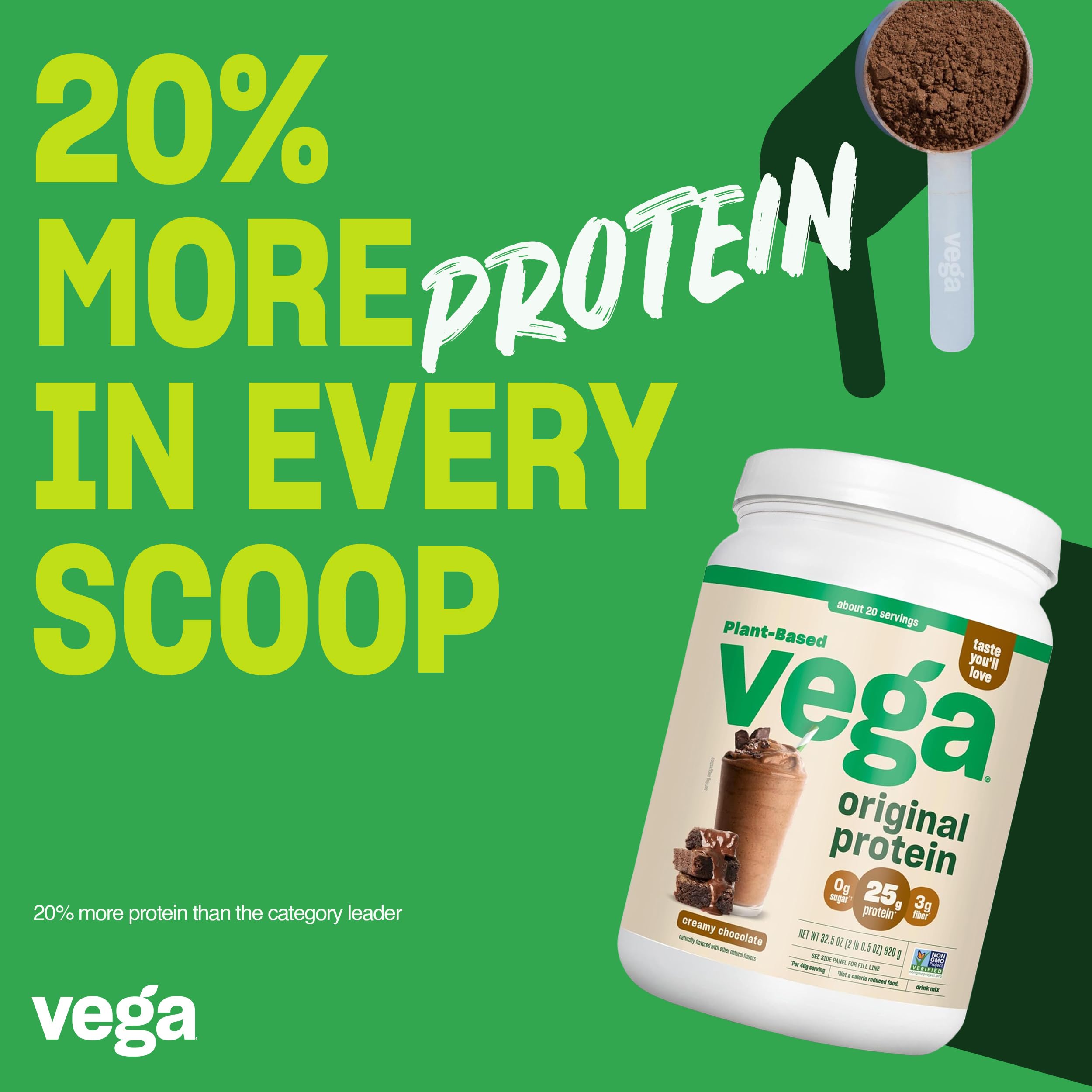 Vega Original Protein Powder, Creamy Chocolate Plant Based Protein Drink Mix for Water, Milk and Smoothies, 32.5 oz