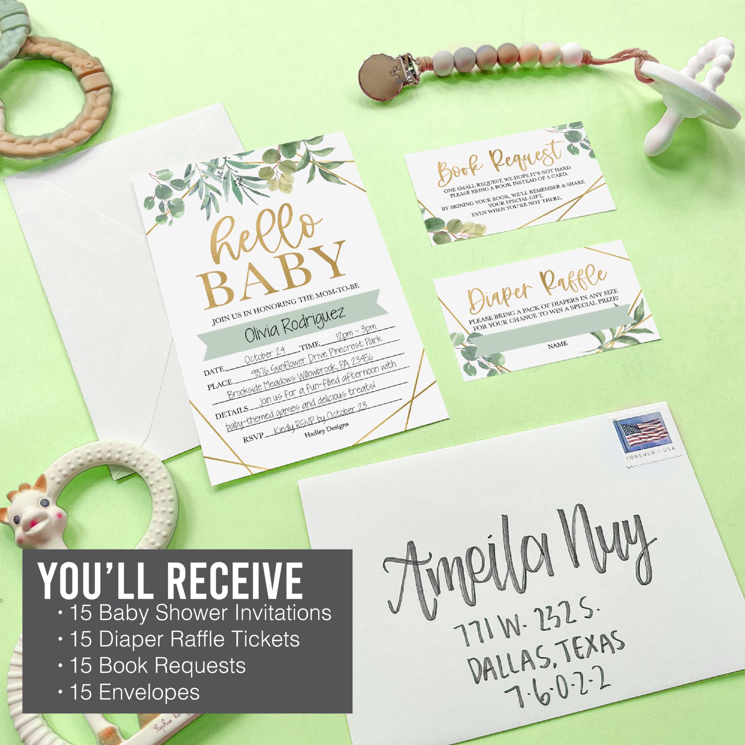 Hadley Designs 15 Greenery Baby Shower Invitations Gender Neutral - Baby Shower Invitations For Girl, Boy Baby Shower Invites For Boy, Baby Boy and Girl Baby Shower Invitations With Envelopes