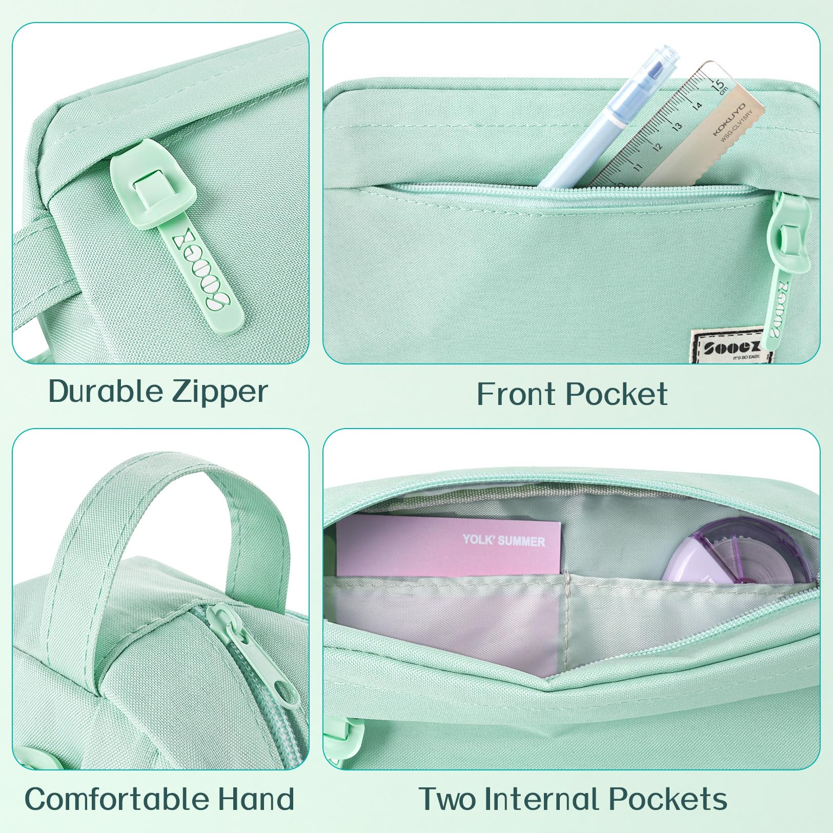 Sooez 𝐎𝐫𝐢𝐠𝐢𝐧𝐚𝐥 High Capacity Pencil Case, Big Pencil Bag Pouch Box Organizer Pen Case, Portable Journaling Supplies with Easy Grip Handle & Loop, Aesthetic Supply for Girls Adults, Mint Green