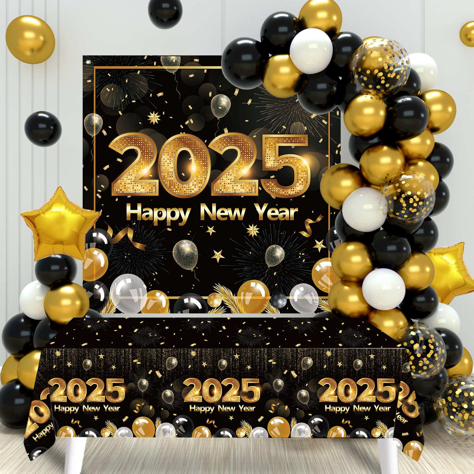 Happy New Years Eve Party Supplies 2025 - New Years Decorations Black and Gold Confetti Balloon Garland Arch Kit Happy New Year Backdrop Tablecloth for New Year Party Anniversary Retirement Graduation