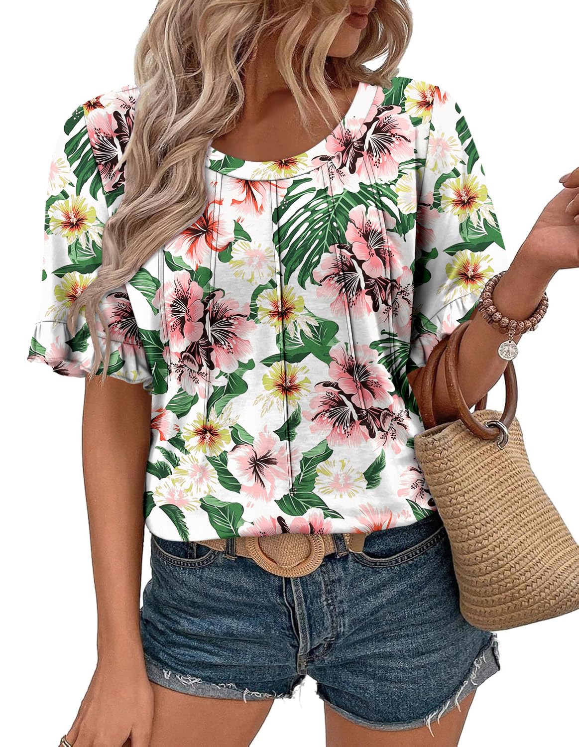 BETTE BOUTIK womens summer tunic tops to wear with leggings boho ladies tops womens feminine tops and blouses WhitGreenPowder Large