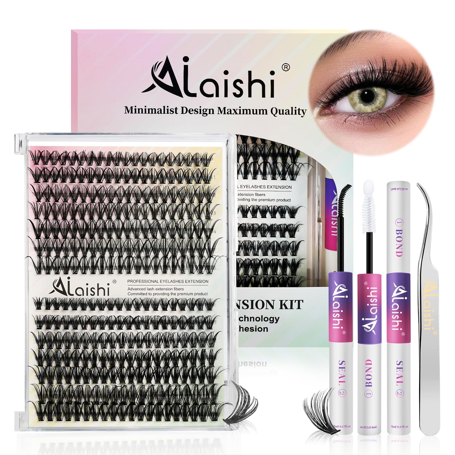 Lash Clusters Kit, DIY Cluster Eyelash Extensions 9‑16mm, 30D+40D, 280pcs, D Curl Natural Volume Lashes with Lash Bond and Seal, Tweezers–Waterproof Fake Cat Eye Wispy Individual Clusters(16MIX1-1-S)