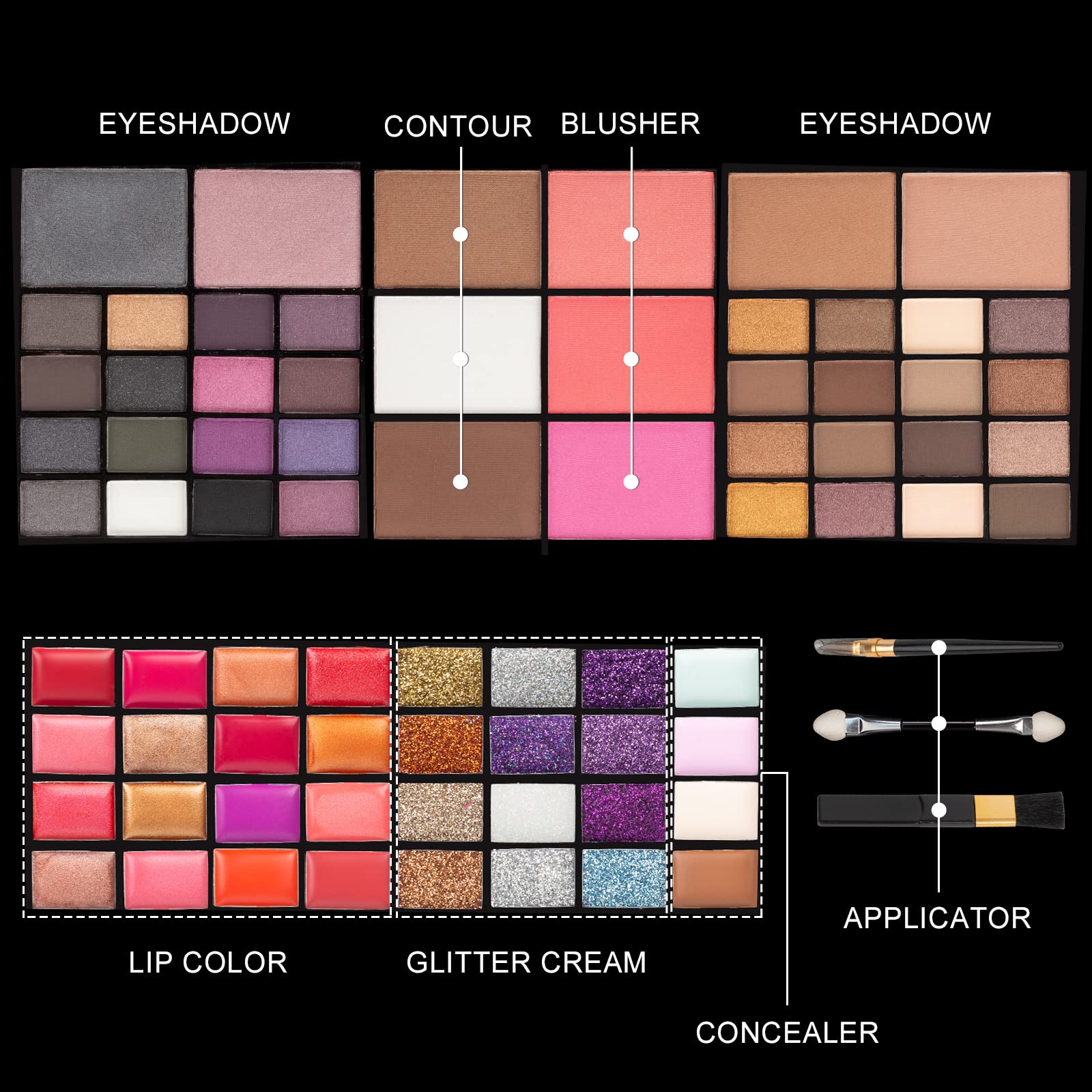 All In One Makeup Gift Kit - Ultimate Color Combination - 36 Eyeshadow, 28 Lip Gloss, 3 Blusher, 4 Concealer, 3 Contour Powder, 3 Brushes, 1 Mirror, 74 Colors Palette Set