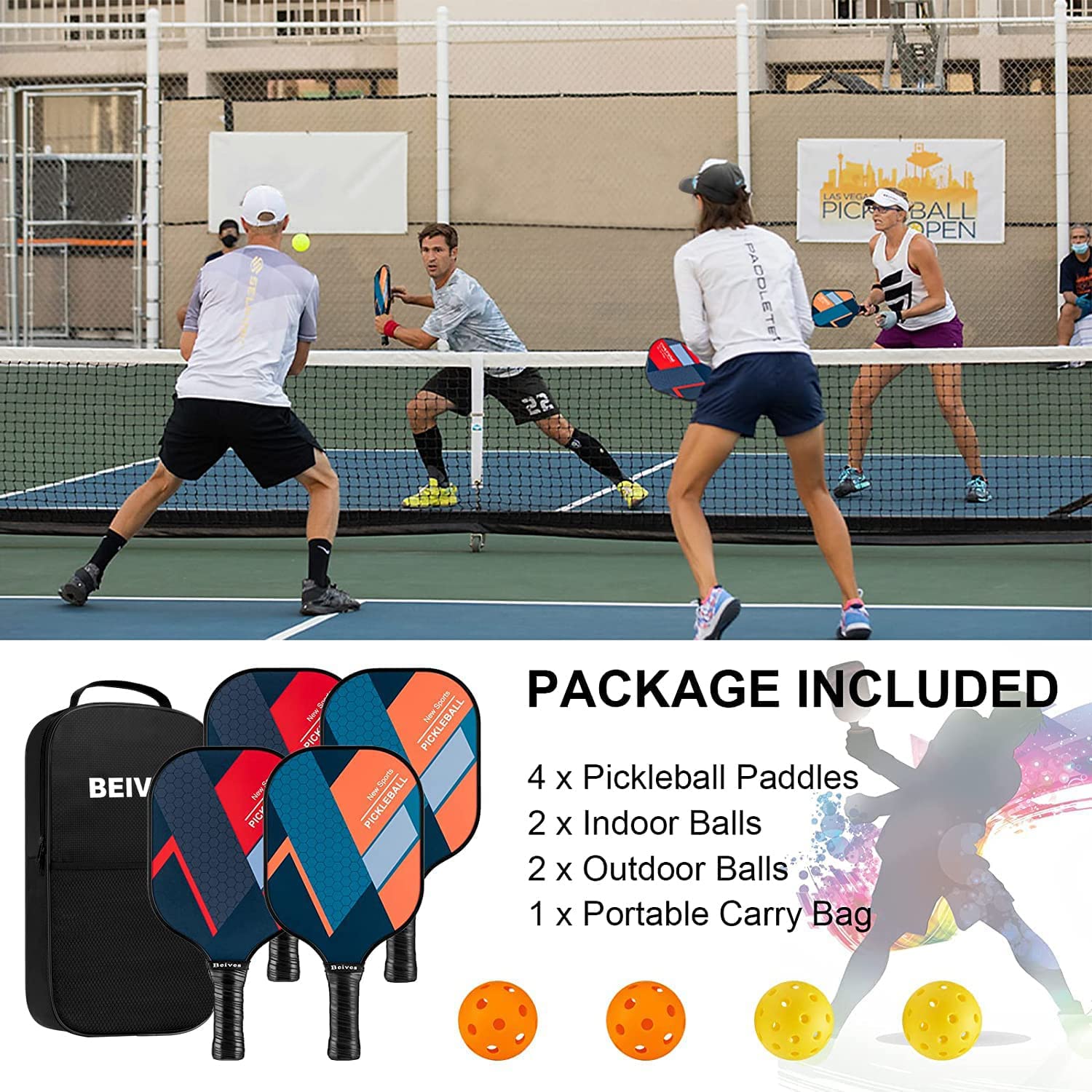 BEIVES Pickleball Paddles, Fiberglass Surface Pickleball Paddles Set of 4, Pickleball Set with 4 Pickleball Rackets, 4 Pickleball Balls, 1 Pickleball Bag, Pickle Ball Paddle Set for Men Women