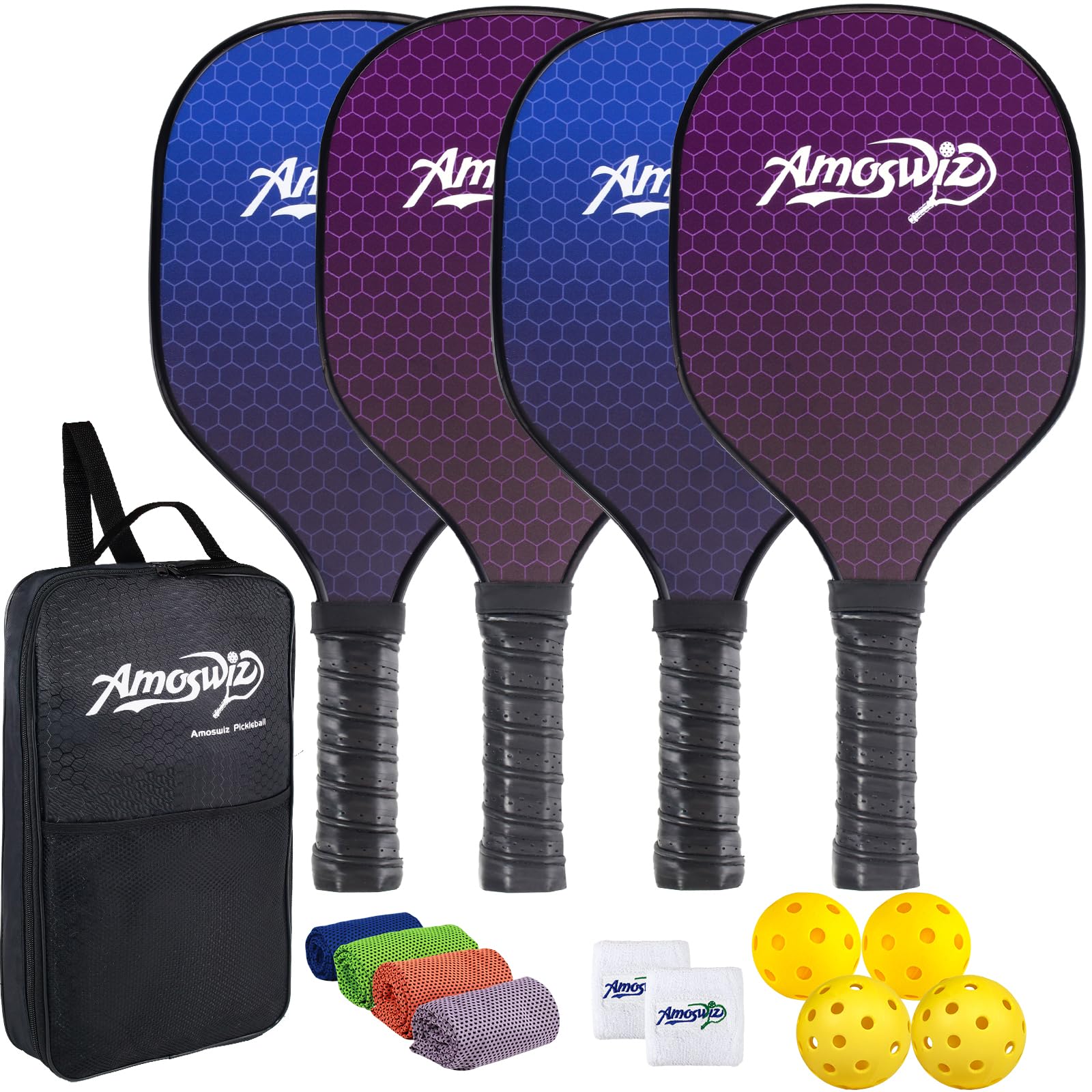 Amoswiz Pickleball Paddles Set of 4, Pickleball Paddles with Bag & 4 Pickleballs Set, Premium Pickle Ball Racket Starter Set, Gifting for Men Women