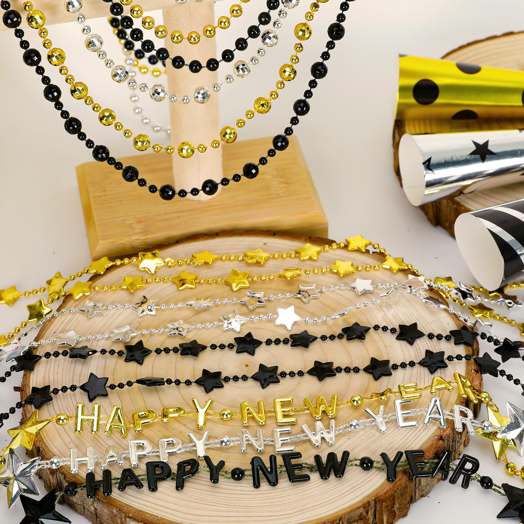 50PCS New Years Eve Necklace, New Years Black Gold Silver Bead Necklace Party Supplies 2025, 12 Kinds of HAPPY NEW YEAR Star Bead Necklace Bulk, Bead Necklace 2025 Accessories for New Years Decor