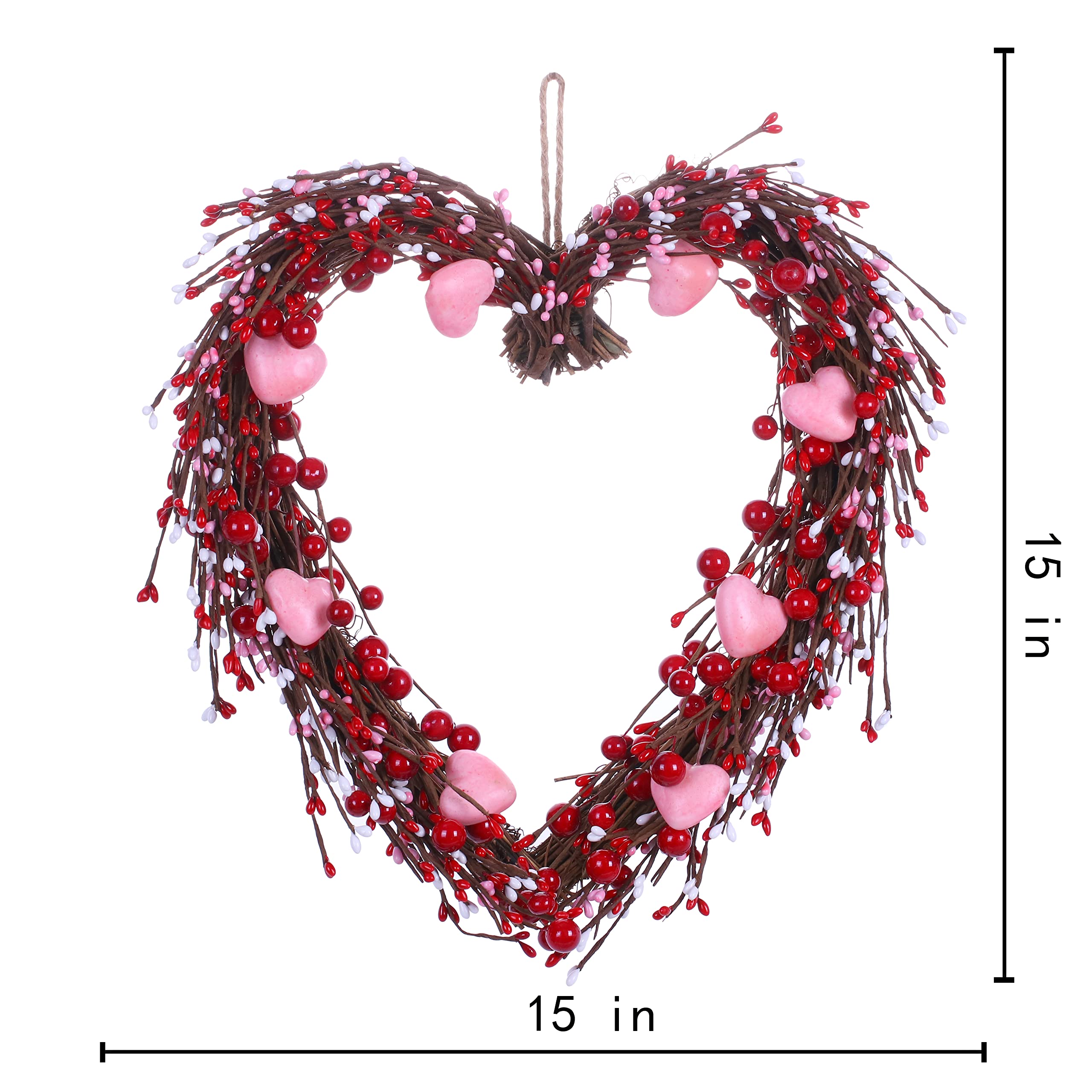 VioletEverGarden Valentine’s Day Wreath,15” Heart Shaped Wreath with Red Berries and Small Pink Hearts for Valentine’s Day Wedding Festival Decor