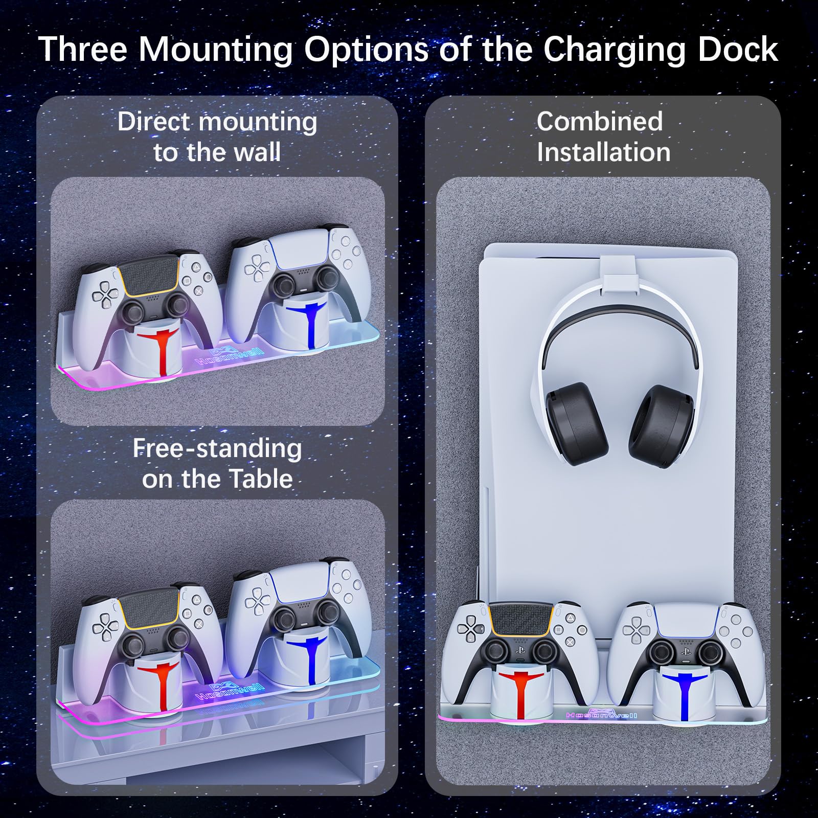 Hosanwell PS5 Wall Mount Kit with Charging Station, Compatible with PS5 and PS5 Slim Disc & Digital Version, Dual Use Charging Station with Multi-Mode RGB Light, White