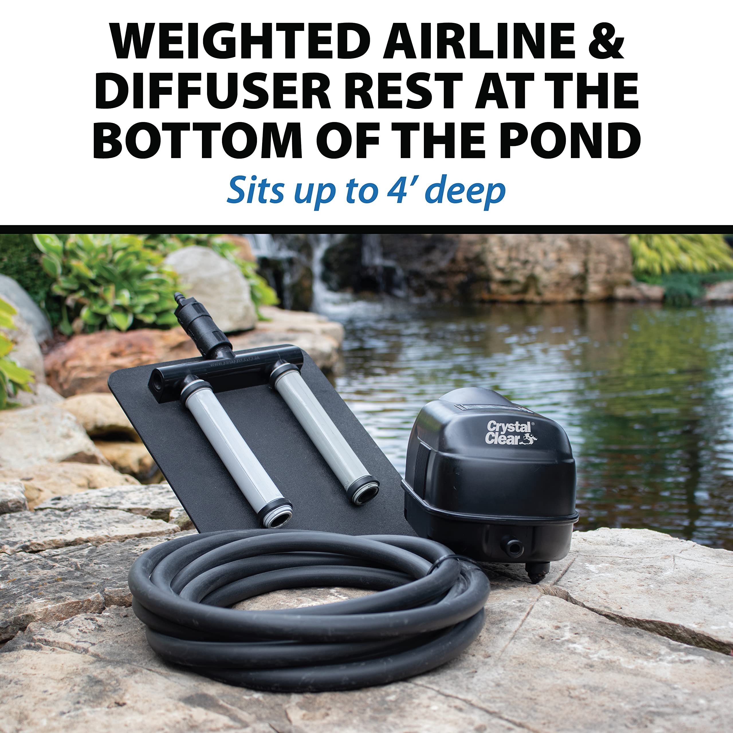 CrystalClear KoiAir 1, Complete Pond Aeration Kit, Water Garden Oxygenation Bubbler System Adds Oxygen to Koi & Fish Ponds, Outdoor Diaphragm Compressor Pump, Air Line & 1 Submersible Diffuser Stick