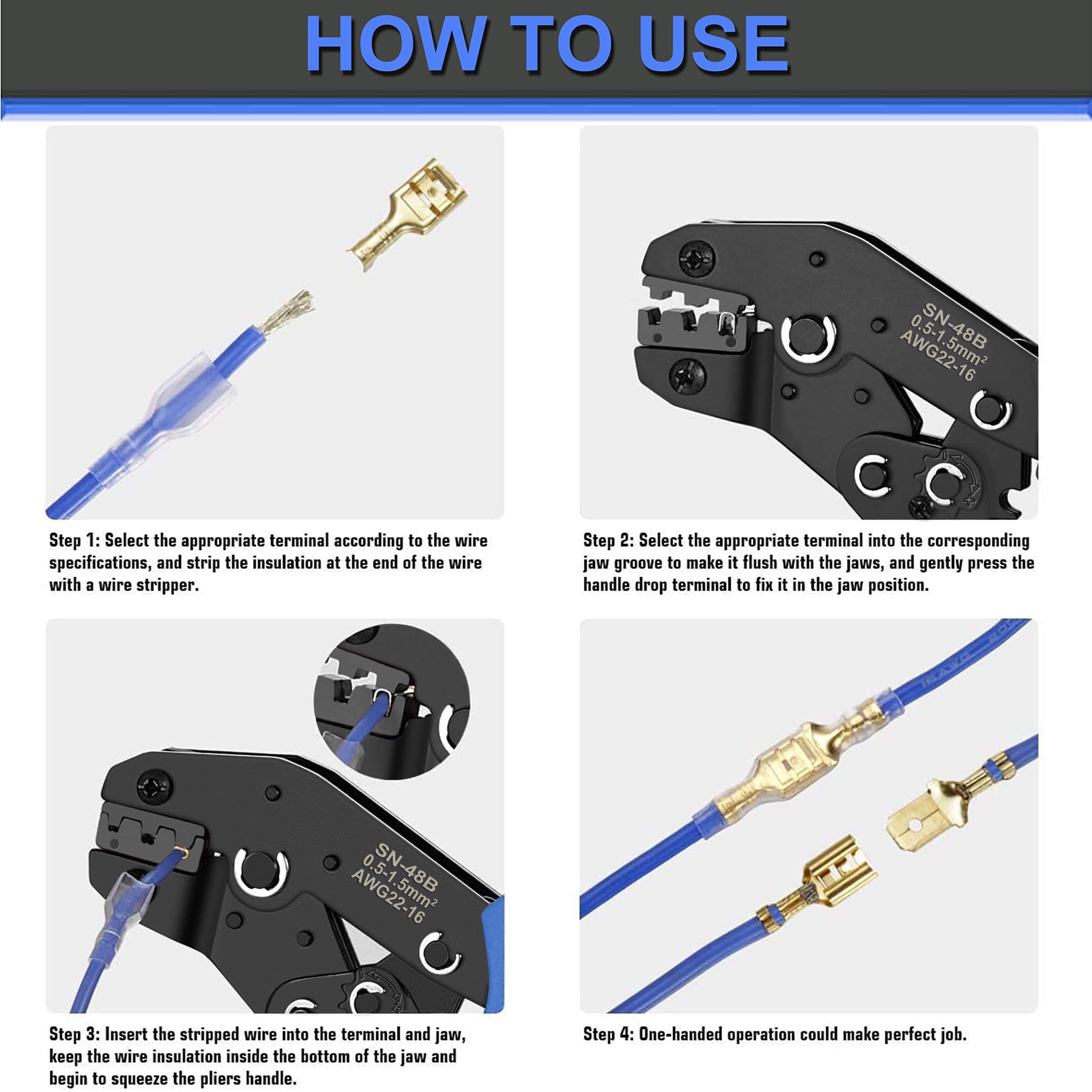 Wire Terminal Crimping Tool Kit, Qibaok Ratcheting Wire Crimper AWG 22-16(0.5-1.5mm²) with 500PCS Female Male Spade Connectors & Bullet Connectors Terminals