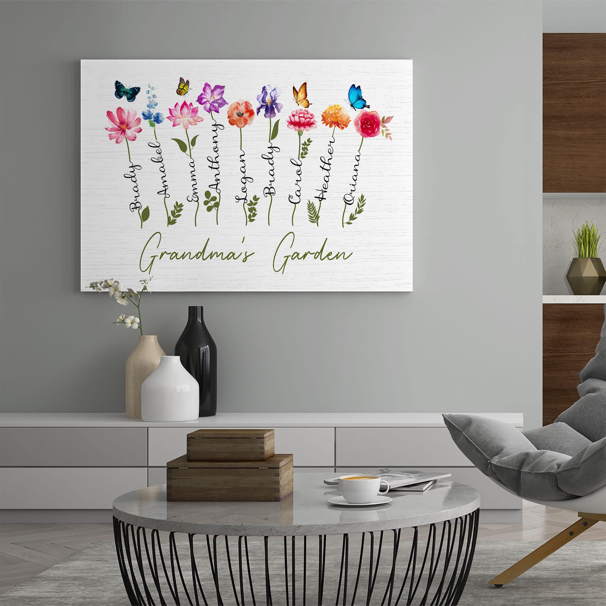 MINIVINE Grandma Gift Ideas - Gifts For Mom - Grandmas Garden Painting - Birth Month Flower - Mothers Day Gifts For Grandma Nana Gigi Mom Mama - Custom Canvas Wall Art