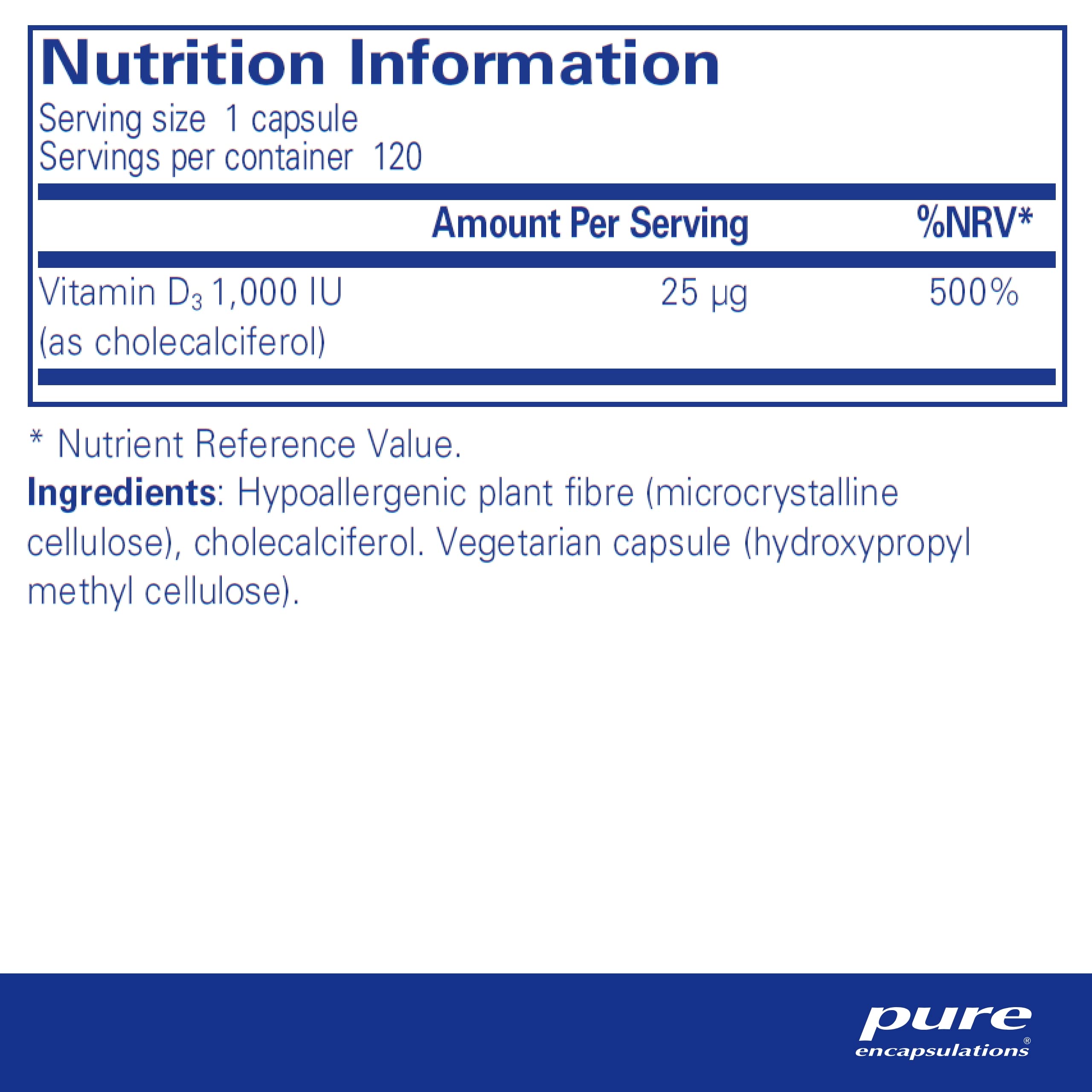 Pure Encapsulations Vitamin D3 25 mcg (1,000 IU) - Supplement to Support Bone, Joint, Breast, Heart, Colon & Immune Health - with Premium Vitamin D - 120 Capsules