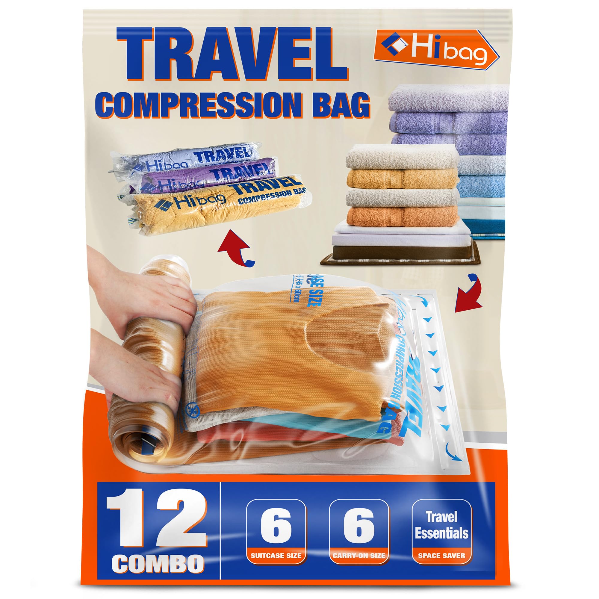 HIBAG 12 Compression Bags for Travel, Travel Essentials Compression Bags, Vacuum Packing Space Saver Zipper Bags for Cruise Travel Accessories (12-Travel)