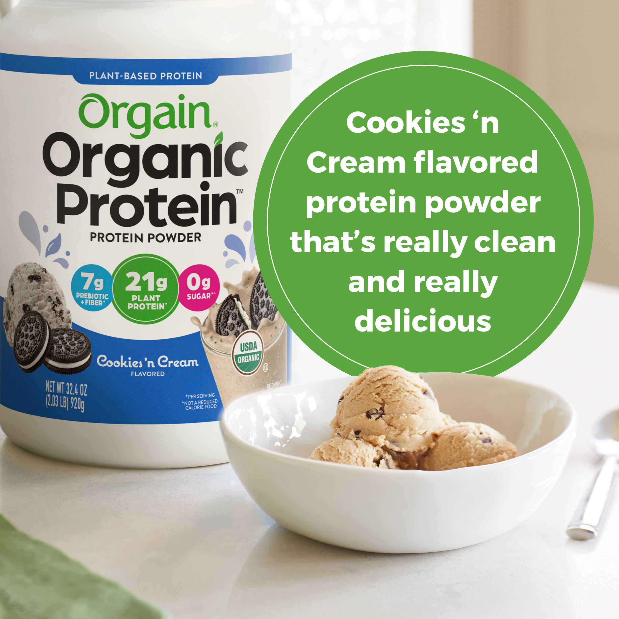 Orgain Organic Vegan Protein Powder, Cookies & Cream - 21g Plant Based Protein, 7g Prebiotic Fiber, Low Net Carb, No Lactose Ingredients, No Added Sugar, Non-GMO, For Shakes & Smoothies, 2.03 lb