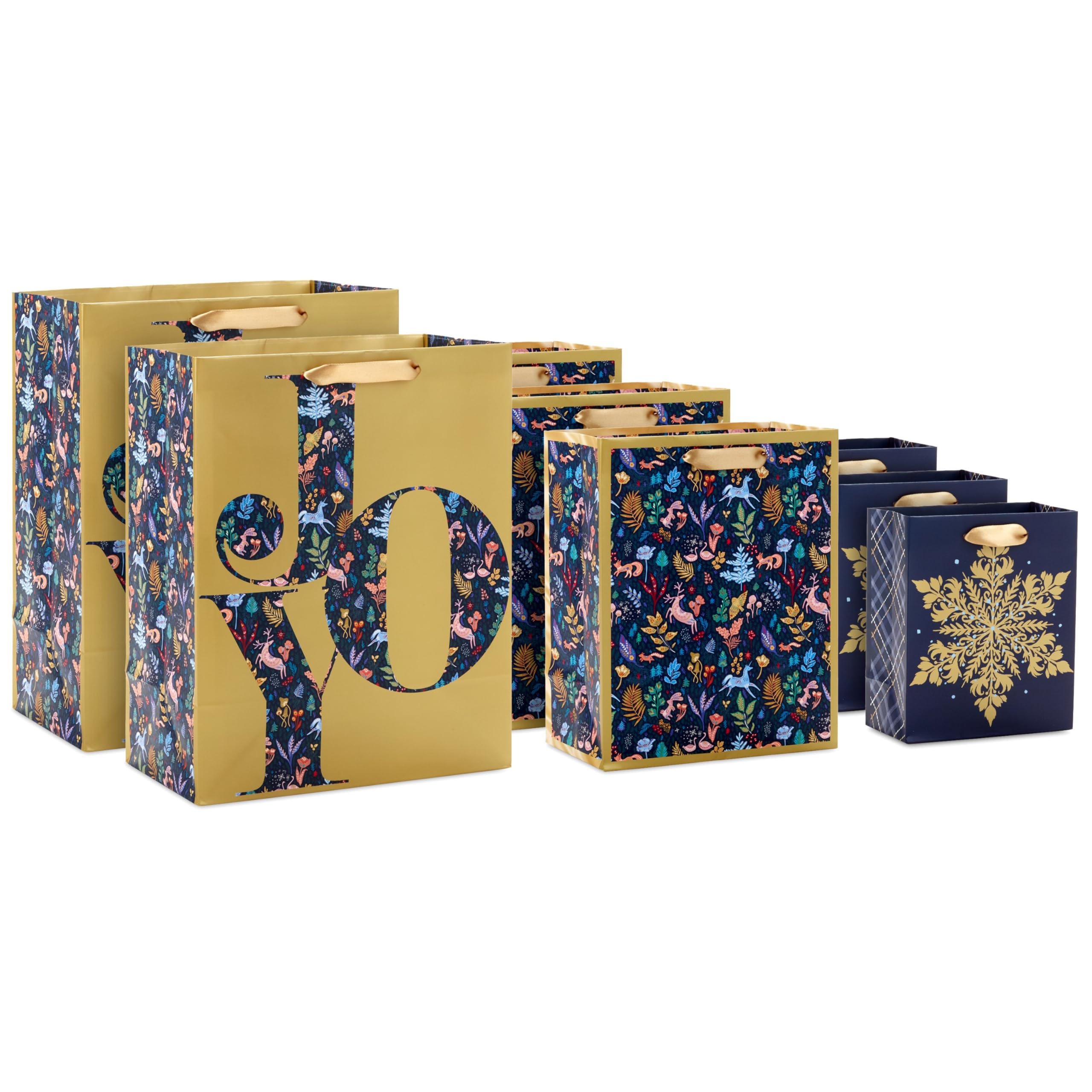 Hallmark Assorted Holiday Gift Bags (8 Bags: 3 Small 6", 3 Medium 9", 2 Large 13") Winter Woodland Joy, Navy Blue, Gold