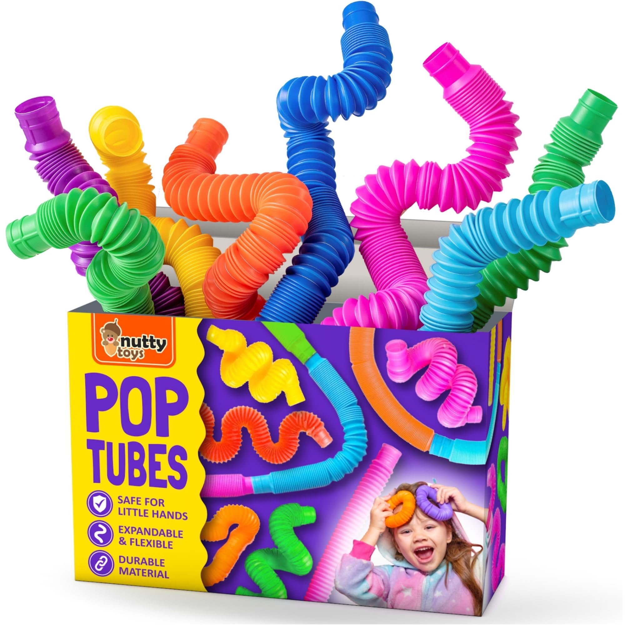Nutty Toys Pop Tubes - Large 8-Pack Sensory Toys - Creative STEM Learning for Kids and Toddlers - Connect & Pop! Top ADHD Autism Fidget 2025, Best Boy & Girl Christmas Stocking Stuffers Gifts Idea