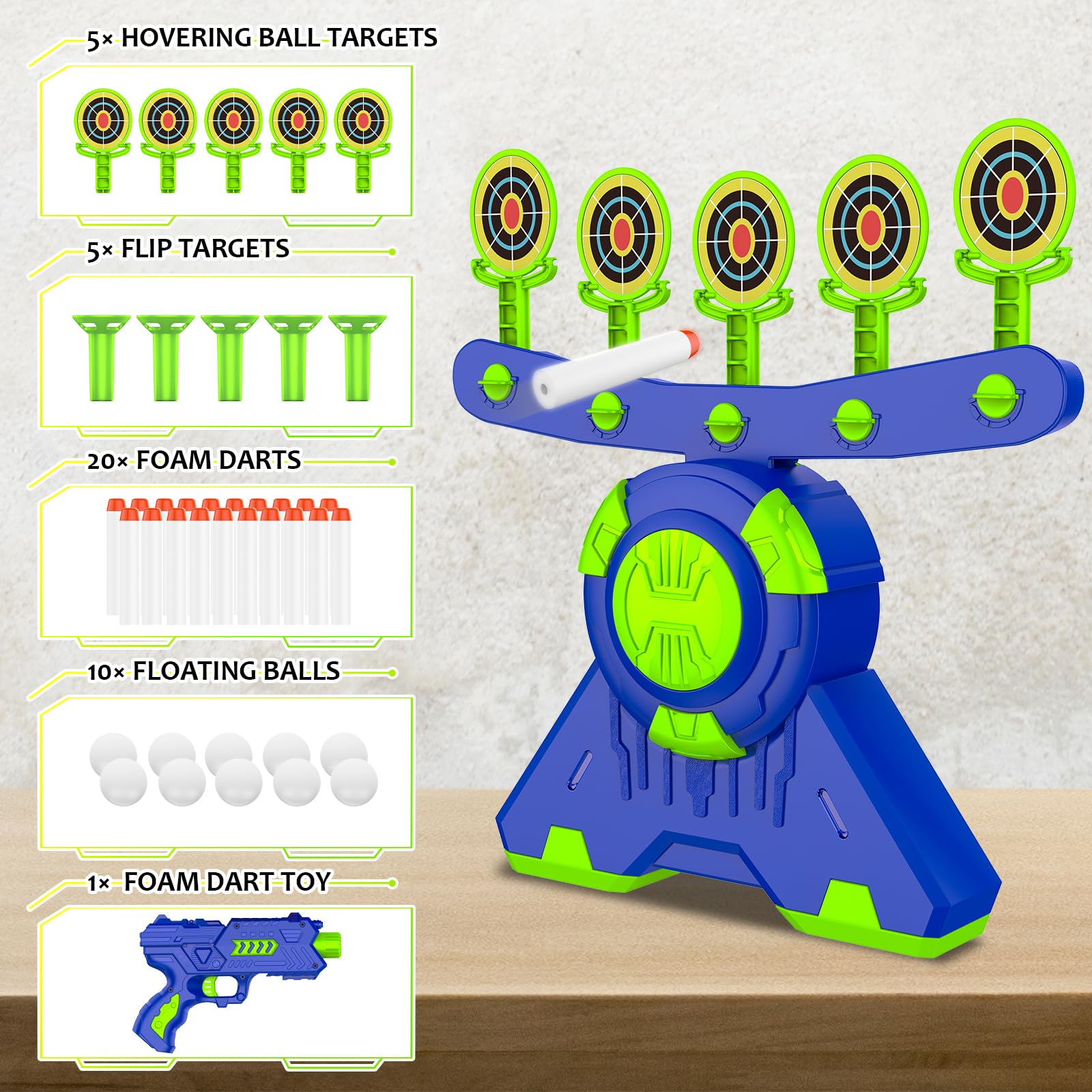 GMAOPHY Shooting Games Toy Gift for Age 5, 6, 7, 8, 9, 10+ Years Old Kids, Glow in The Dark Boy Toy Floating Ball Targets with Foam Dart Toy Blaster, 10 Balls 5 Targets