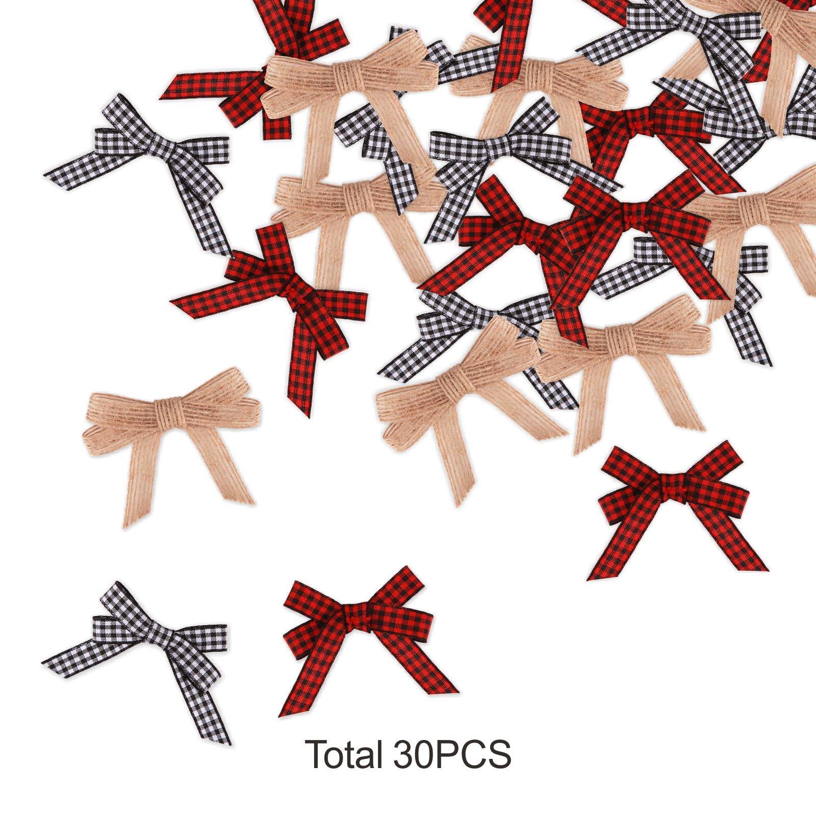 Meseey 30pcs 2.4" Mini Buffalo Check Plaid Red and Black Ribbon Twist Tie Burlap Bow White and Black Gingham Ribbon Double Bows for Packages Gift Wrapping Christmas Decoration