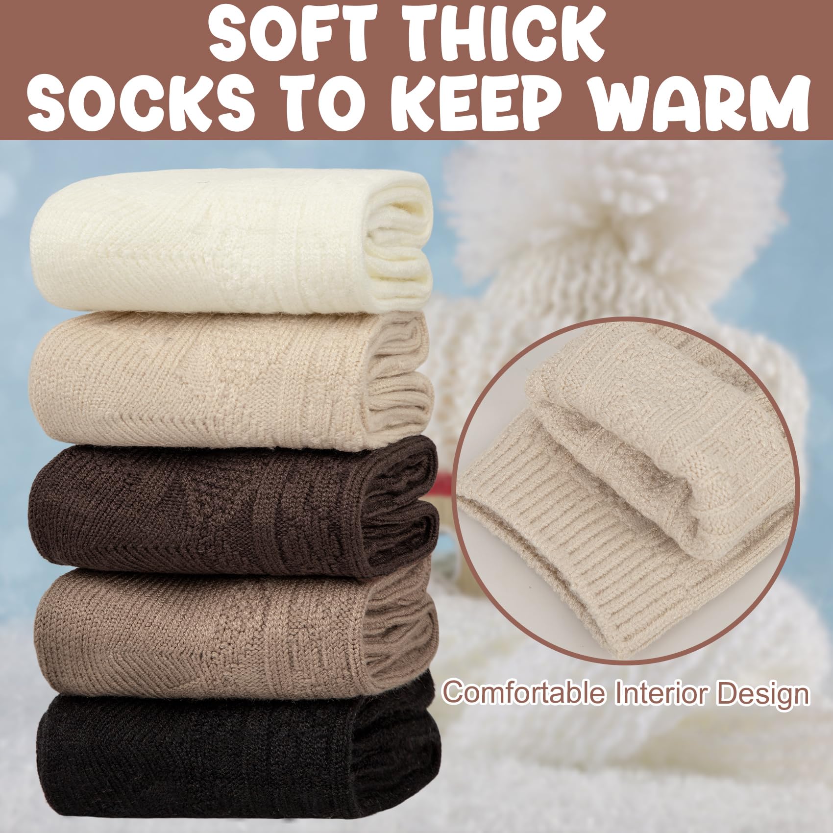 Justay 5 Pairs Womens Wool Socks Thick Warm Winter Socks Casual Cozy Socks Vintage Knit Crew Socks Gift for Women