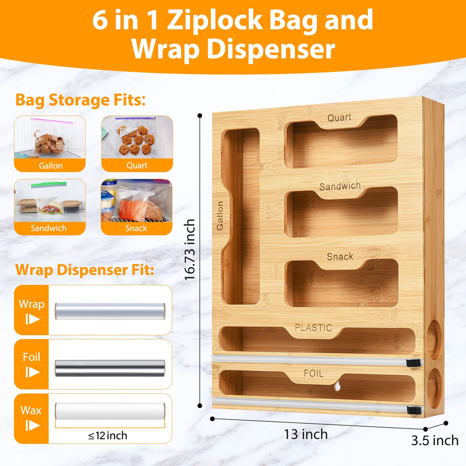 INHOTBY Foil and Plastic Wrap Organizer,Bamboo Ziplock Bag Organizer,6 in 1 Aluminum Foil Dispenser with Cutter,Tin Foil Baggie Organizer for Drawer,Kitchen containters Organization and Storage