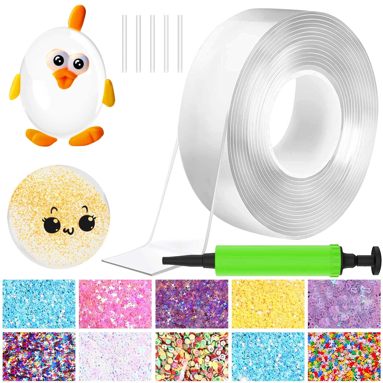 BABORUI Nano Bubbles Tape Kit, Nano Bubble Tape Toy Kit with Glitter and Balloon Inflator, Double Sided Super Elastic Bubble for Adult Party Favors Gifts Fidget Toy Craft