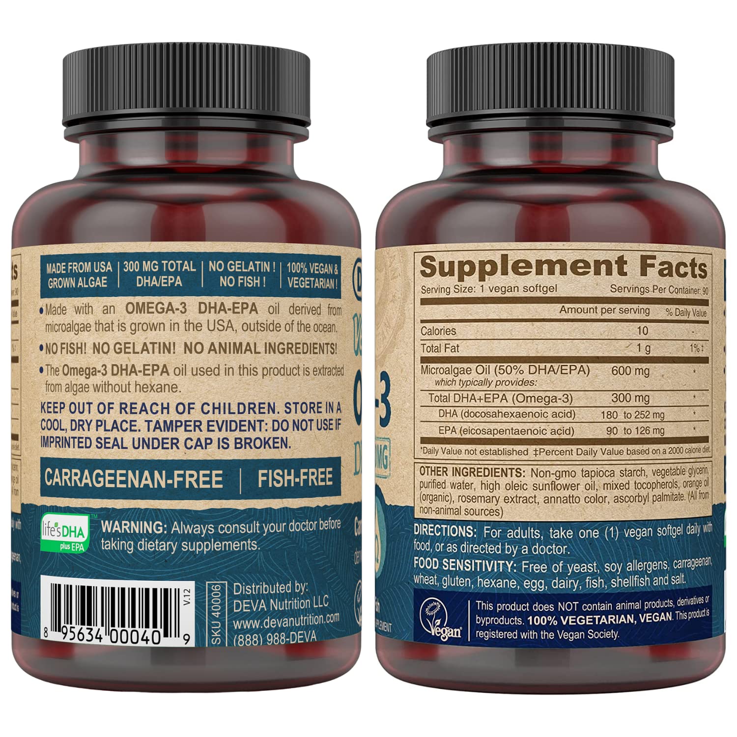 DEVA Vegan Omega-3 DHA EPA Supplement Once-Per-Day Softgel 300 MG - Carrageenan Gelatin & Gluten Free - Non-Fish Algae Oil Fatty Acids - 90 Softgels