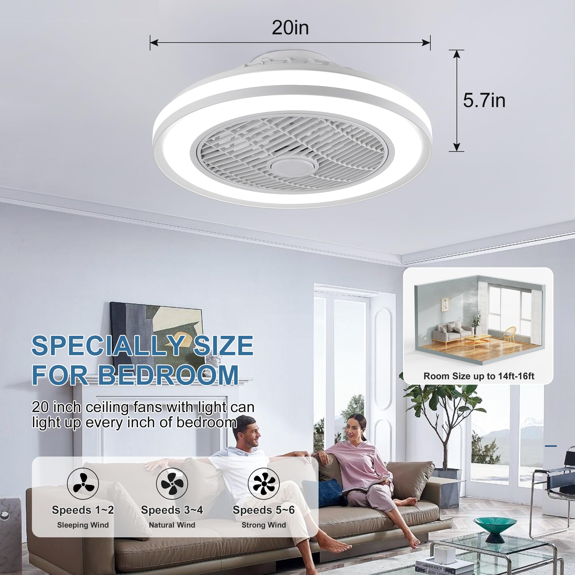 HUMHOLD 20" Ceiling Fan with Lights, Enclosed Ceiling Fan with Light Low Profle Flush Mount Led Bladeless Ceiling Fan -Remote Control 6 Wind Speeds and 3 Colors Adjustment for Bedroom/Living Room
