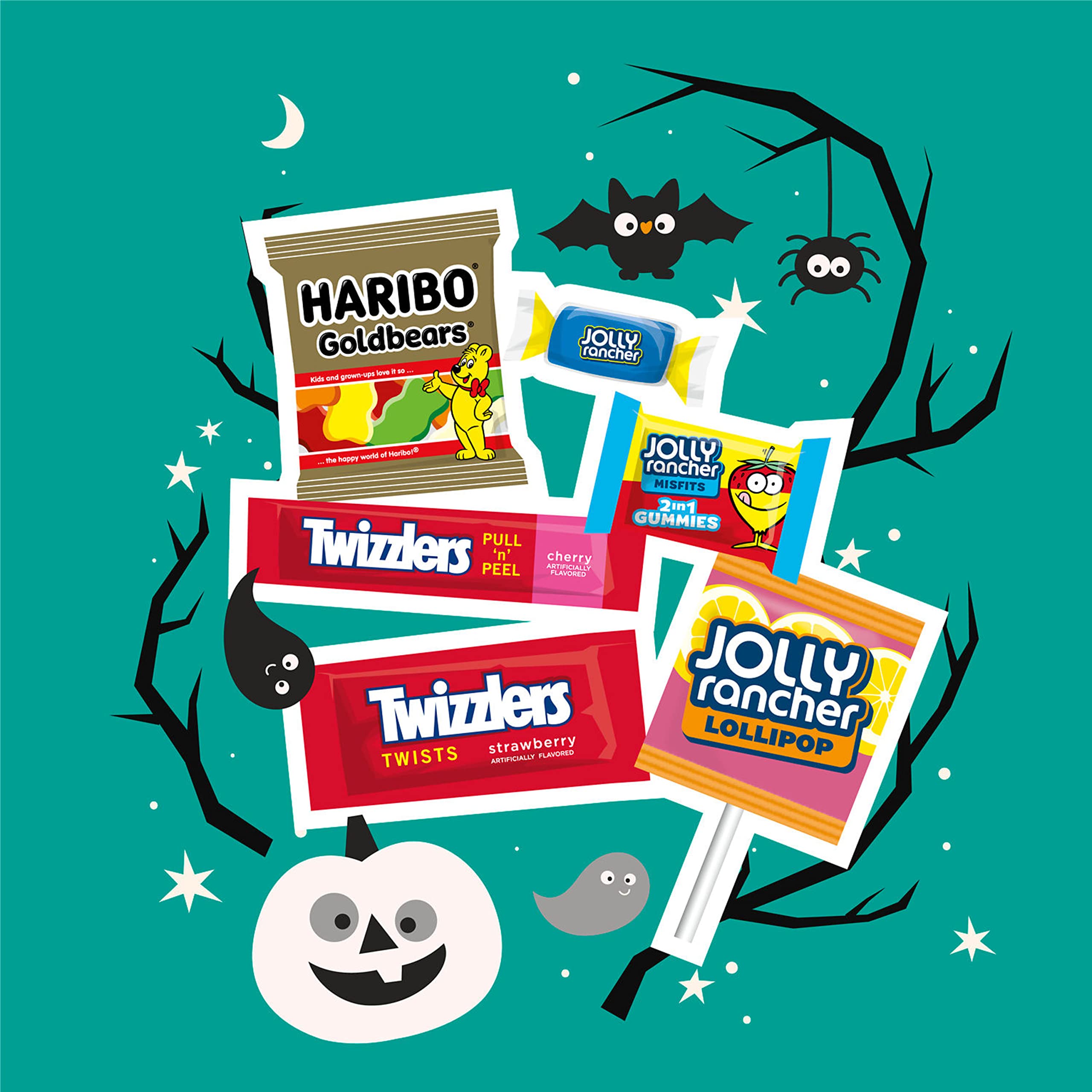 HARIBO, JOLLY RANCHER and TWIZZLERS Assorted Fruit Flavored, Halloween Candy Bag, 25.23 oz (85 Pieces)