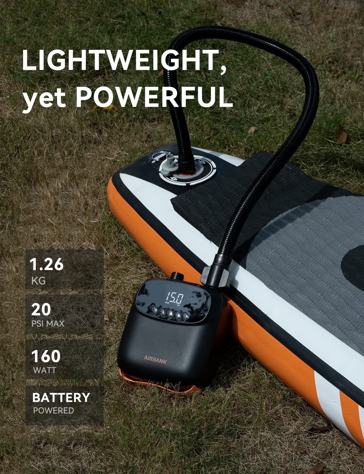 AIRBANK 20PSI Paddle Board Pump The Puffer Pro, Rechargeable SUP Pump, Dual Stage Auto Off Air Pump for Paddleboard, Kite, Tent, Mattress
