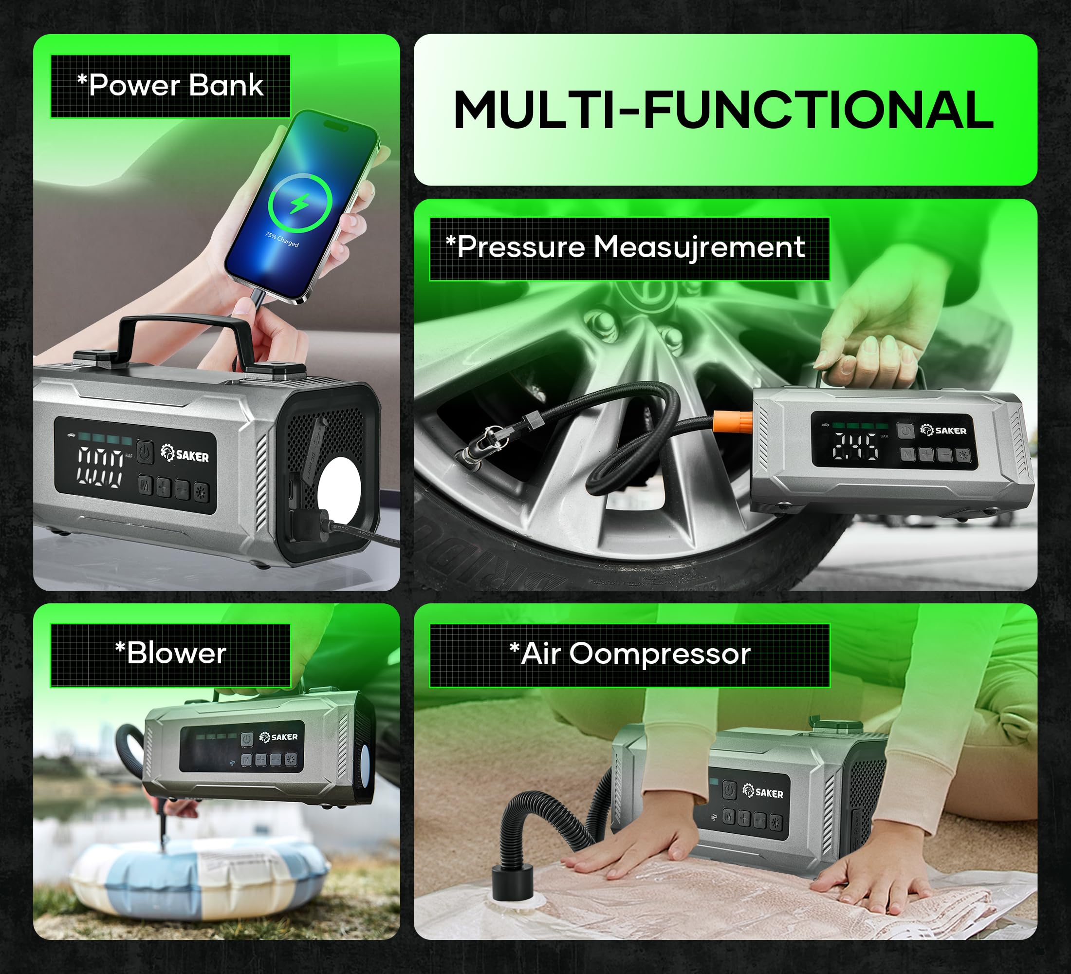 Saker Jump Starters - Tire Inflator Portable Air Compressor|Car Battery Charger|1500A Jump Starter Battery Pack|10400mah Portable 15V Jump Box with LED Light|Automotive Emergency Kits for Vehicles